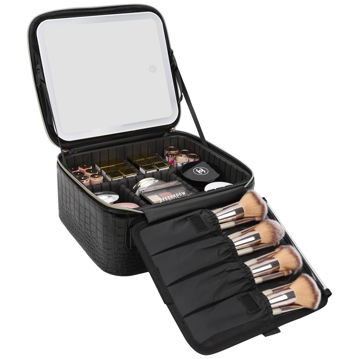 Relavel Travel Makeup Bag With LED Mirror, Cosmetic Train Case with Light up Mirror, Portable Makeup Artist Organizer Bag with Adjustable Dividers, Makeup Brush Holder Storage, Black