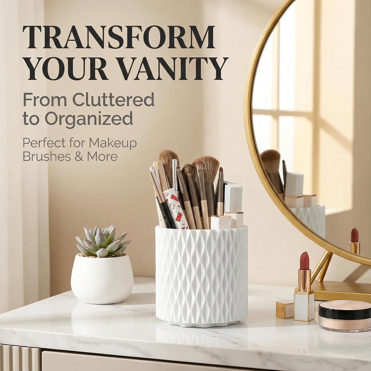 White Makeup Brush Holder, 360° Rotating Makeup Organizer