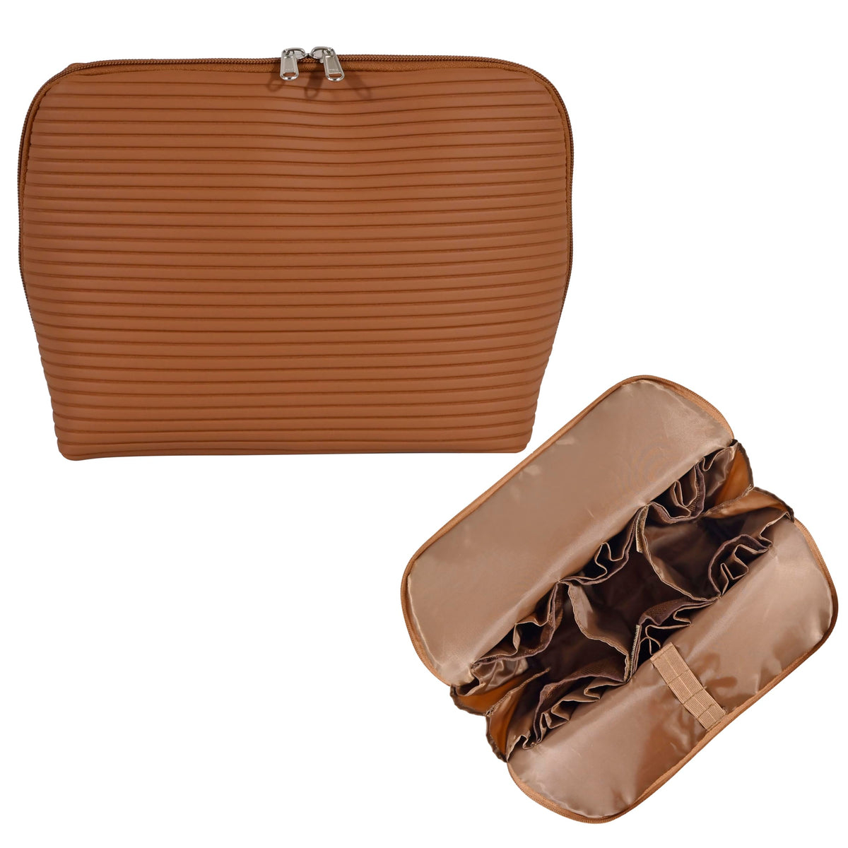Travel Makeup Bag for Women, Waterproof Stand Up Cosmetic Bag with Brush Holders, Organizer Bag with Compartments, Fold-Down Design for Skincare, Toiletries & Essentials (Camel, Medium)