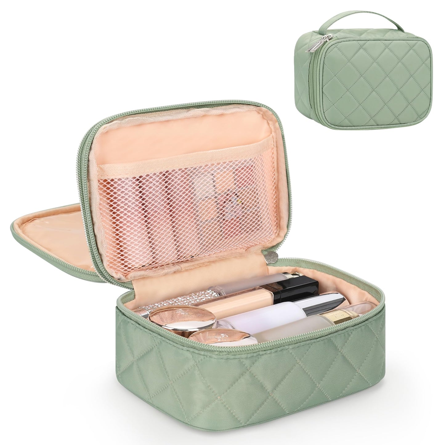 Relavel Travel Makeup Bag, Small Floral Cosmetic Bag with Makeup Brush Compartment, Portable Makeup Pouch for Women, Double Layer Makeup Organizer Bag Cute Toiletry Bag