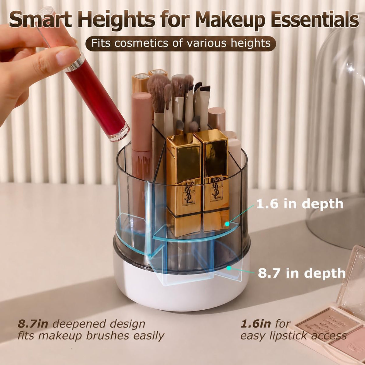 CTIME Makeup Brush Holder with Lid, 5-Compartments Makeup Organizer