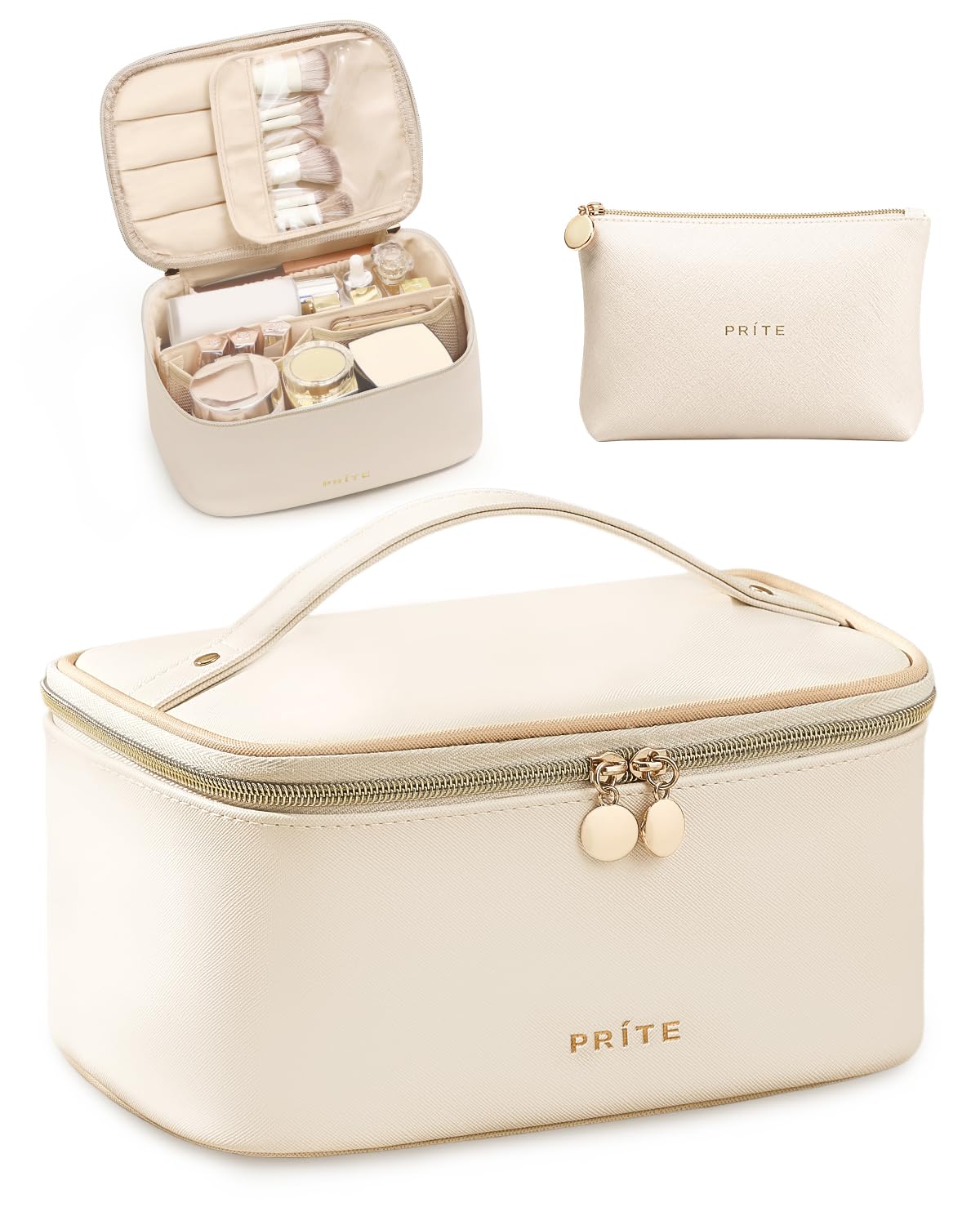 Prite Makeup Bag Travel Cosmetic Case, Women Toiletry Bag Organizer, Beige