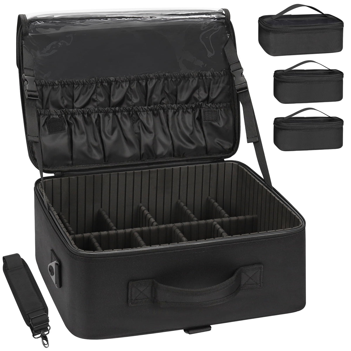 Relavel Makeup Case Large Makeup Bag Professional Train Case 16.5 inches Travel Cosmetic Organizer Brush Holder Waterproof Makeup Artist Storage Box, 3 Layer Large Capacity, with Adjustable Strap