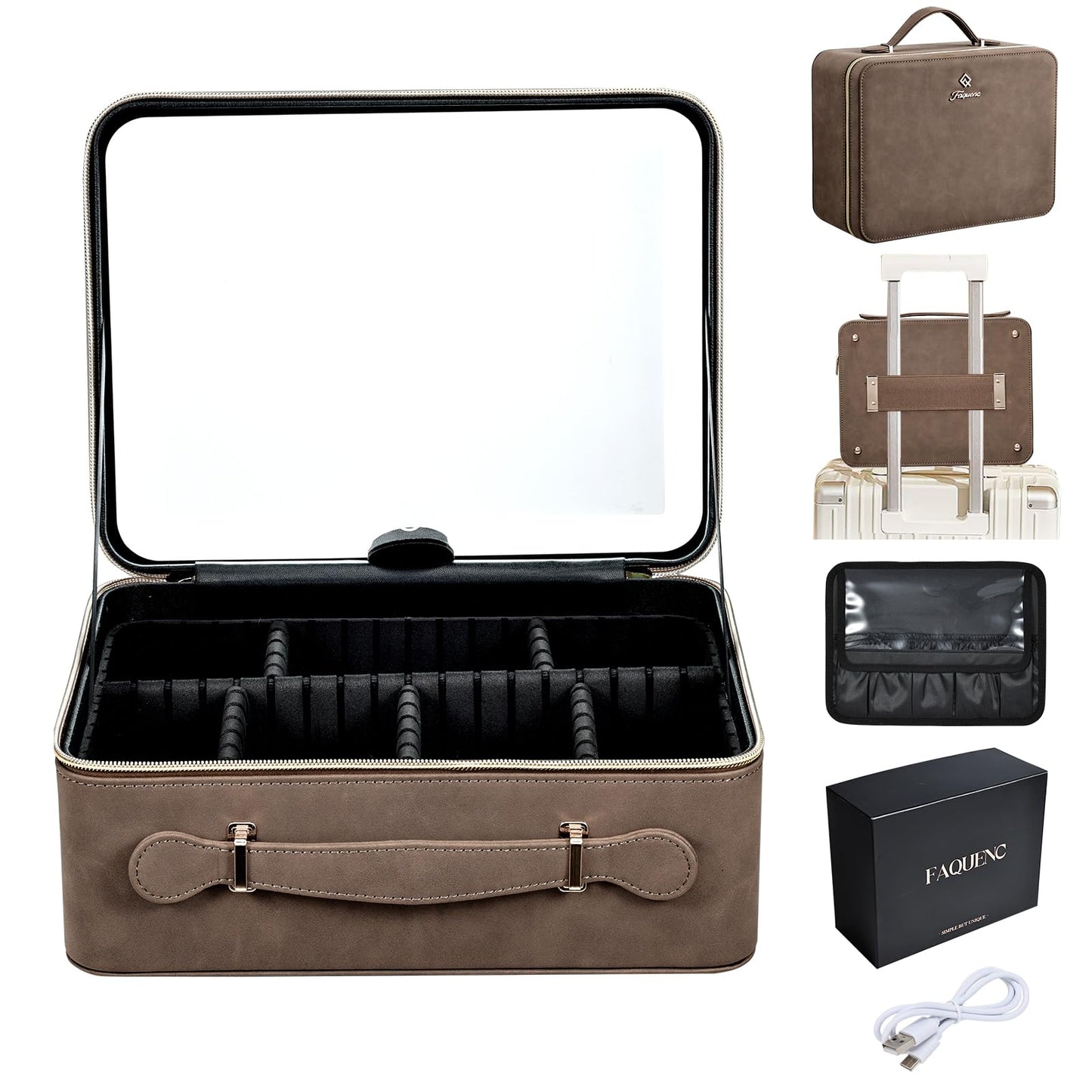Faquenc Leather Makeup Case with LED Lighted Mirror 11.4 Inch Travel Makeup Bag Adjustable Brightness in 3 Colors Cosmetic Organizer Artist Storage Bag with Dividers Brush Holder Bag Vanity White