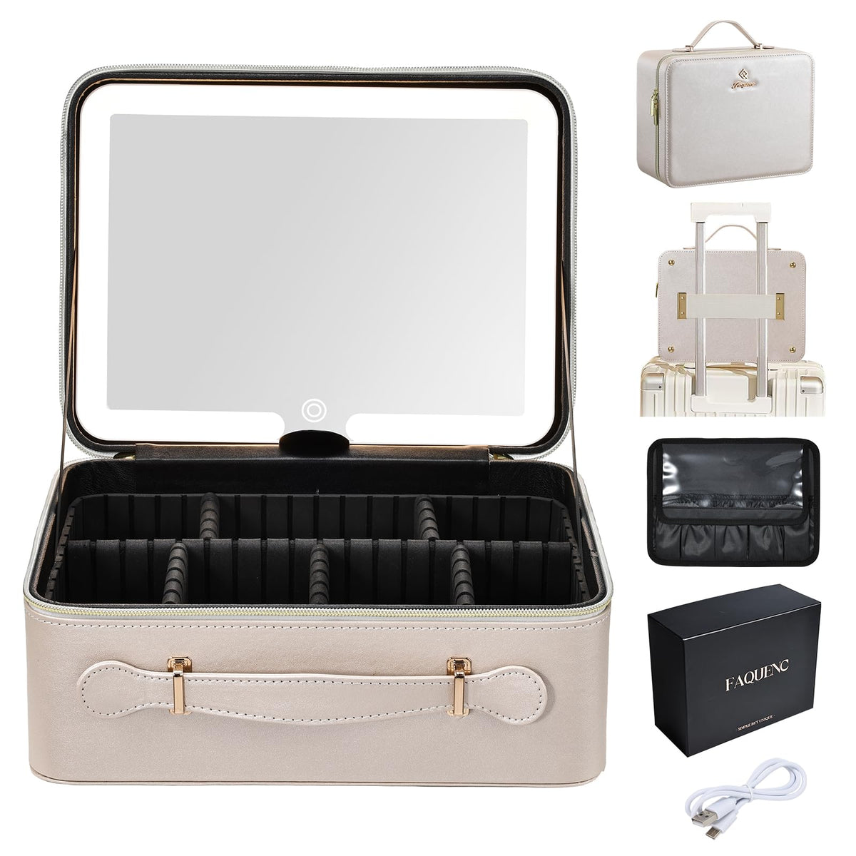 Faquenc Leather Makeup Case with LED Lighted Mirror 11.4 Inch Travel Makeup Bag Adjustable Brightness in 3 Colors Cosmetic Organizer Artist Storage Bag with Dividers Brush Holder Bag Vanity White