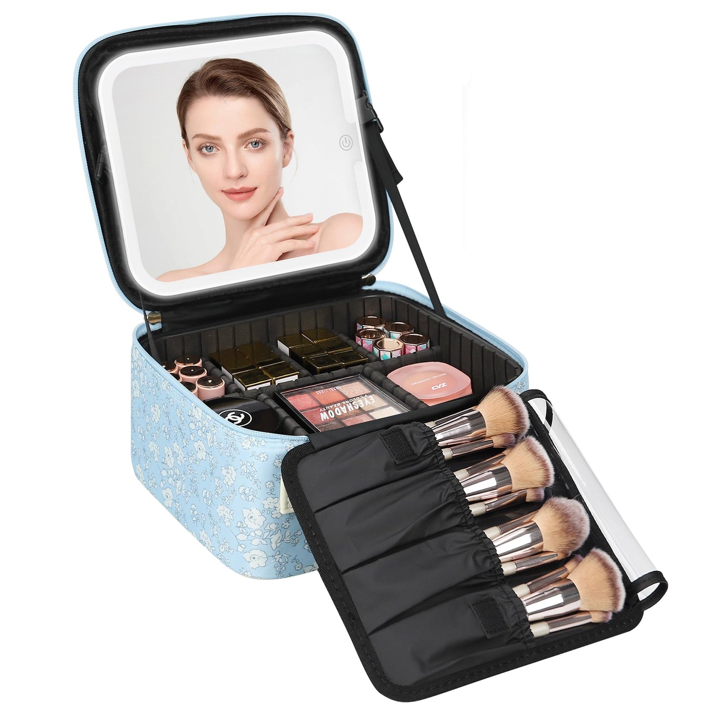 Relavel Travel Makeup Bag With LED Mirror, Cosmetic Train Case with Light up Mirror, Portable Makeup Artist Organizer Bag with Adjustable Dividers, Makeup Brush Holder Storage, Black