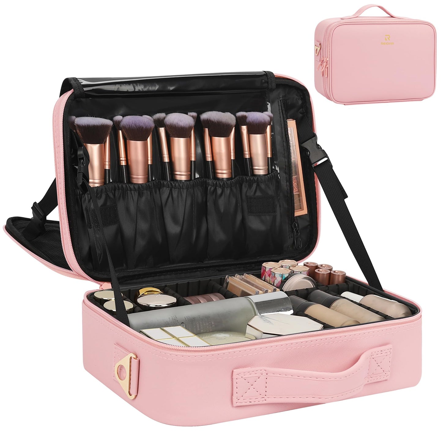 Relavel Travel Makeup Train Case Makeup Cosmetic Case Organizer Portable Artist Storage Bag with Adjustable Dividers for Cosmetics Makeup Brushes Toiletry Jewelry Digital Accessories Black