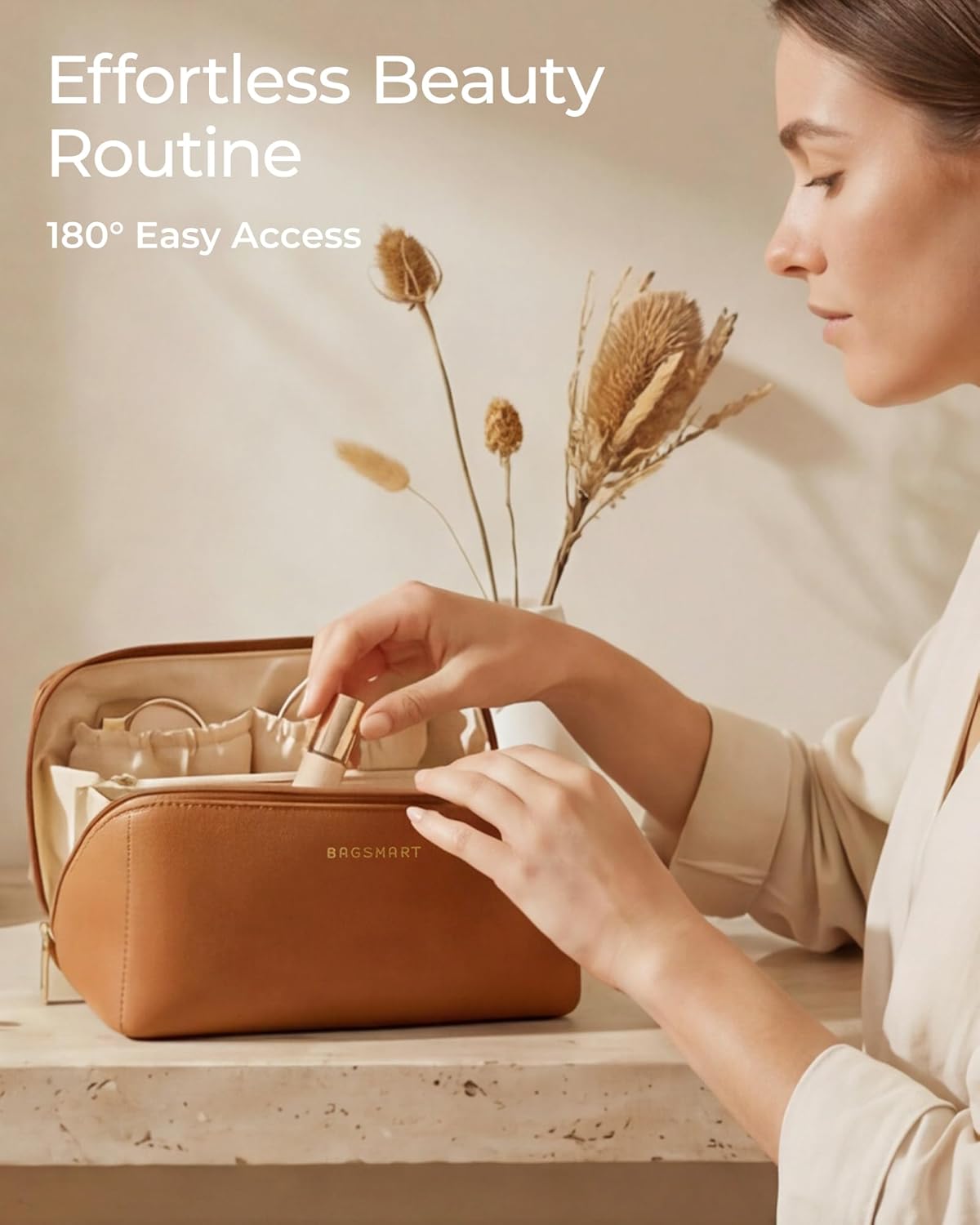 BAGSMART Makeup Bag Travel Cosmetic Bag,Women Toiletry Case, Classic Brown
