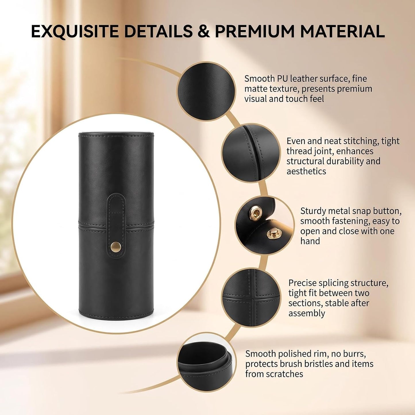 erioctry Black Makeup Brush Case Holder Portable PU Leather Cosmetic Brush Organizer & Storage Roll-up Case for Travel 23 x 8 cm with Snap Closure