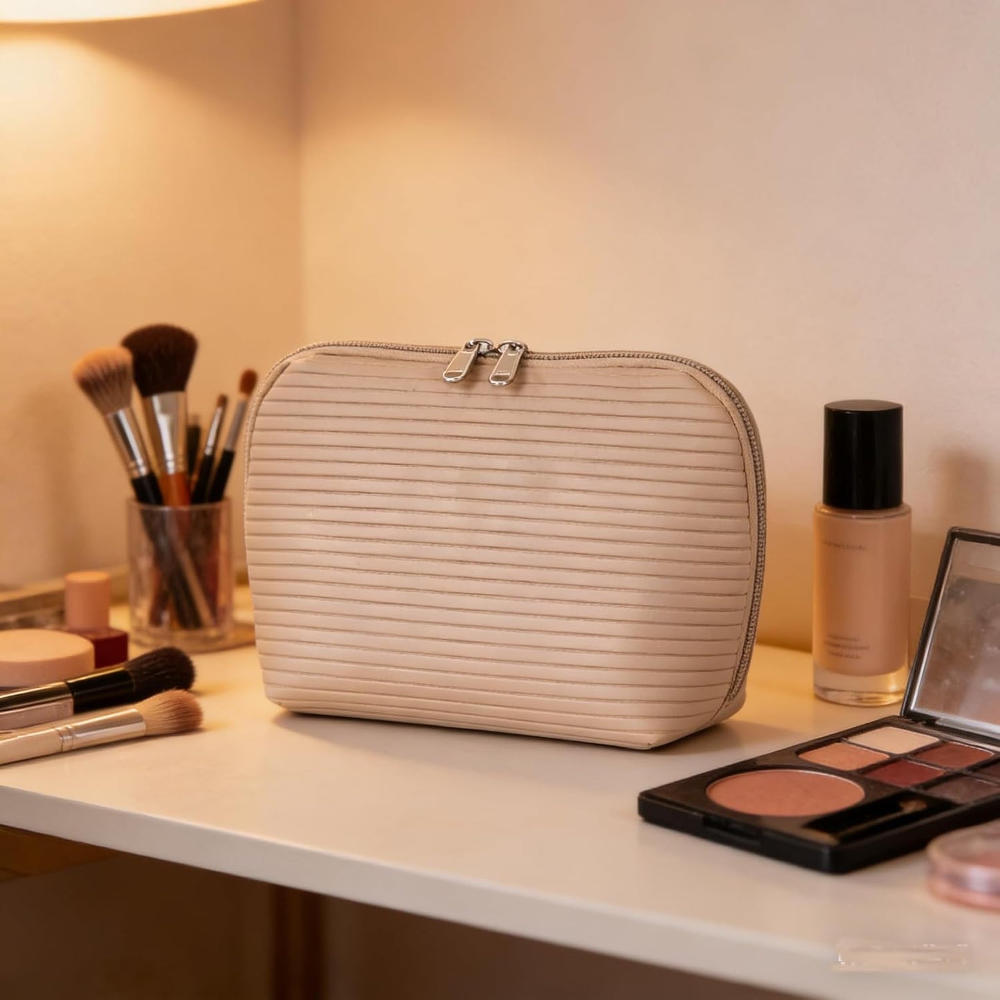 Travel Makeup Bag for Women, Waterproof Stand Up Cosmetic Bag with Brush Holders, Organizer Bag with Compartments, Fold-Down Design for Skincare, Toiletries & Essentials (Camel, Medium)