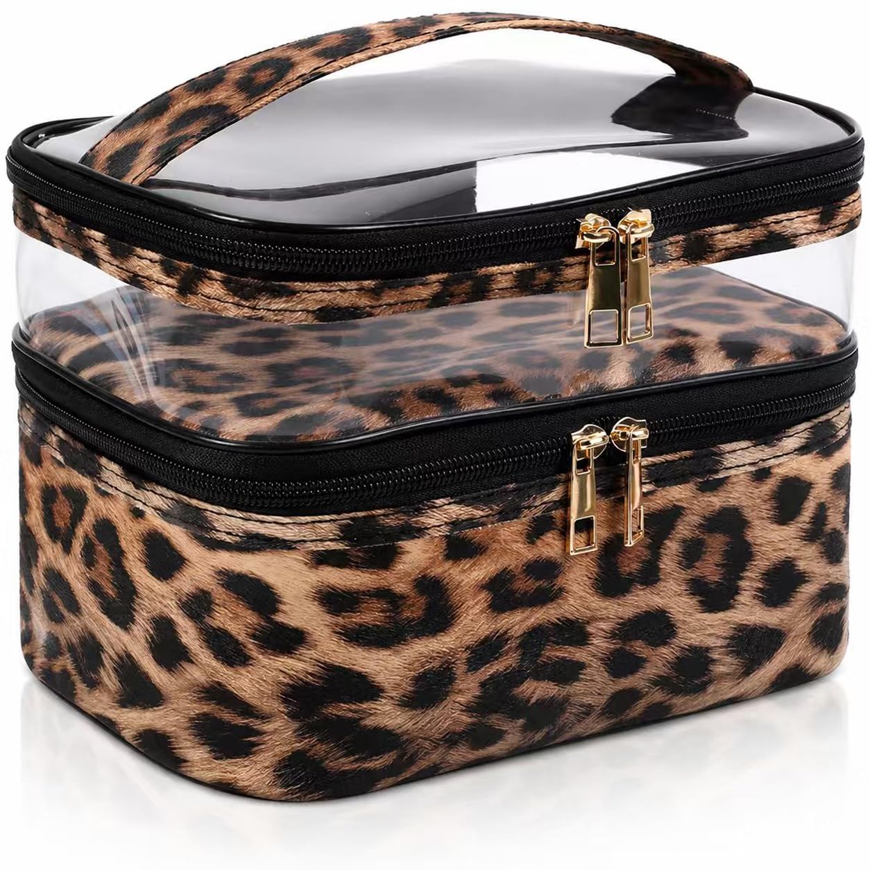Double-layer Cosmetic Bag Makeup Bag Travel Makeup Bag Makeup Bags for Women Cosmetics Cases Portable Waterproof Foldable (Leopard)