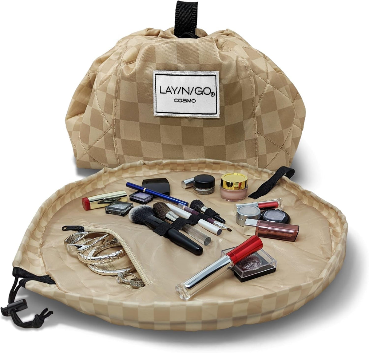 Lay-n-Go Cosmo Layflat Drawstring Cosmetic & Makeup Bag Organizer w/Zipper Pocket, Brush Loops & More, Cinch to Close, Lay Flat to Use, Durable, Machine Wash, Travel Toiletry Bag (20", Dogs)
