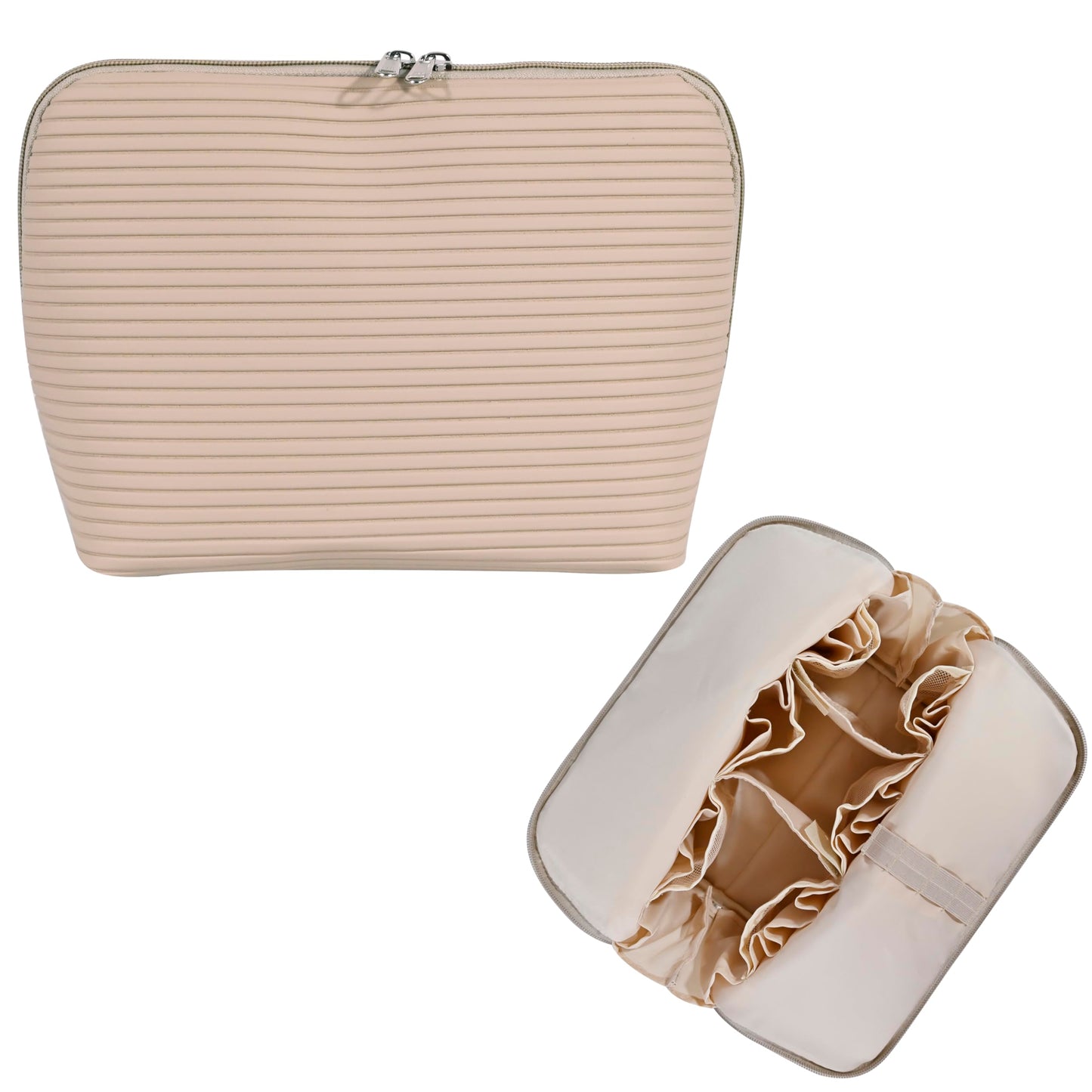 Travel Makeup Bag for Women, Waterproof Stand Up Cosmetic Bag with Brush Holders, Organizer Bag with Compartments, Fold-Down Design for Skincare, Toiletries & Essentials (Camel, Medium)