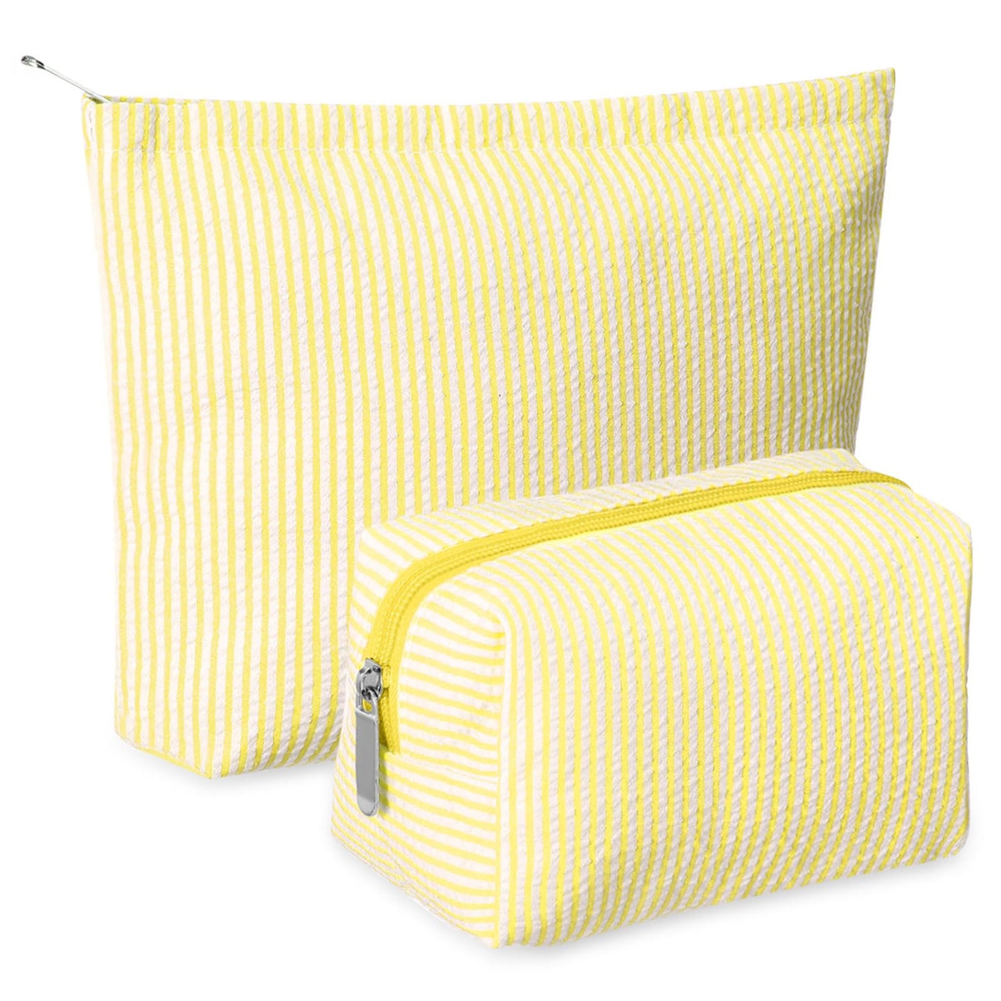 Huhumy 2 Pcs Makeup Bag Set for Women, Khaki, Thin Striped Seersucker