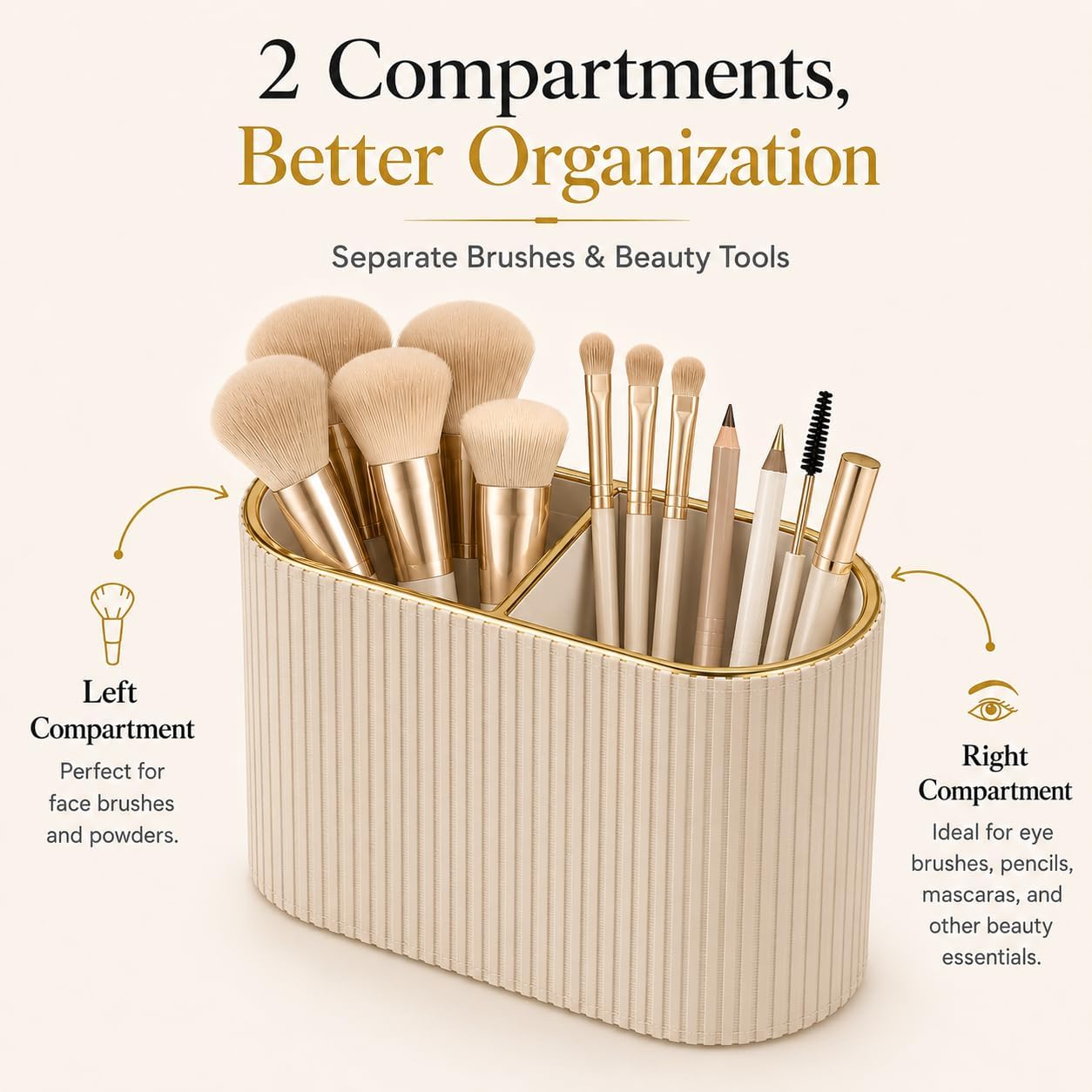 GORESE Makeup Brush Holder Organizer with 2 Slots, PU Leather Small Make Up Organizer for Vanity Countertop, Makeup Brush Cup for Bathroom & Dresser Counter, Gift for Women(Beige)
