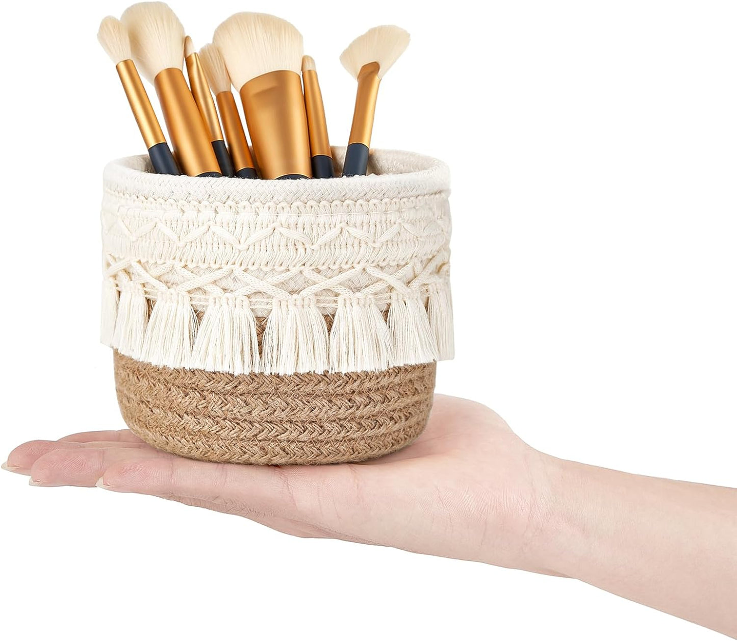 Mkono Macrame Makeup Brush Holder, Boho Mini Storage Basket Set of 2