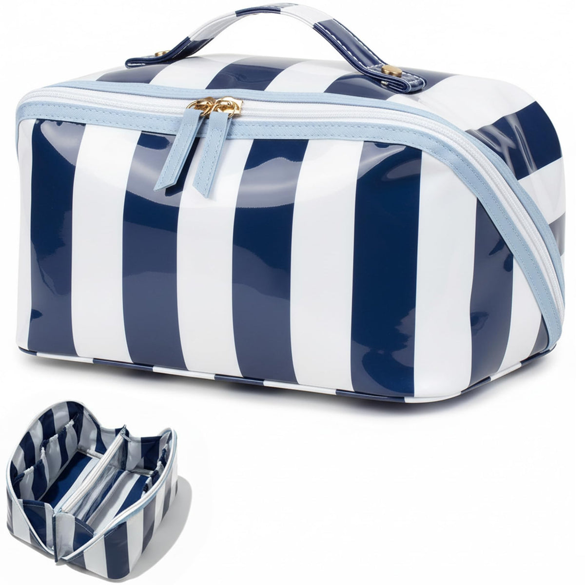 Preppy Stripe Clear Travel Makeup Bag, Waterproof Glossy PVC Cosmetic Organizer with Handle, Large Capacity Toiletry Bag for Women,Travel Organizer Zipper Pouch Beach Vacation Essentials (Pink White)