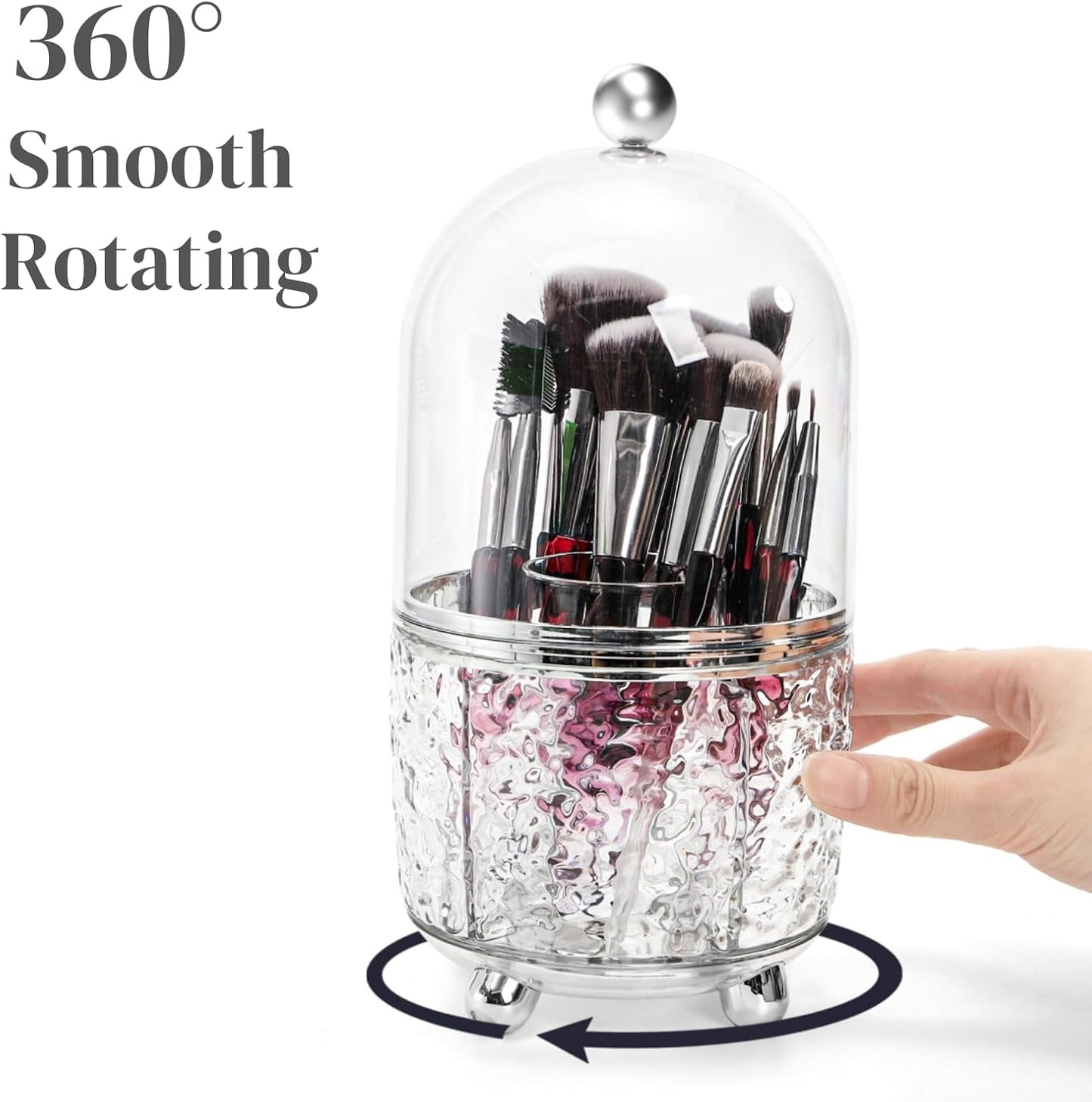 Eorbow Rotating Makeup Brush Holder, Dustproof Cosmetic Tools Organizer with Lid, 360° Spinning Covered Brushes Storage with Anti-slip Pads for Vanity, Bathroom Countertop & Bedside Table, Clear