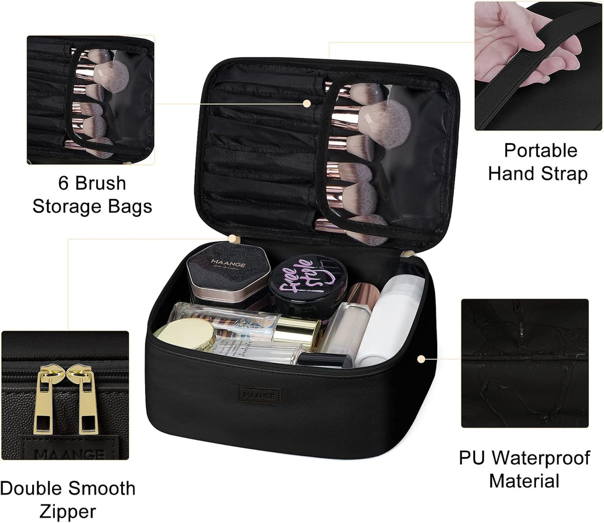 MAANGE Makeup Bag - Large Cosmetic Bag with 2pcs Small Makeup Bags Portable Leather Travel Makeup Bag Set Toiletry Bag Make Up Bags for Women and Girls (Black)