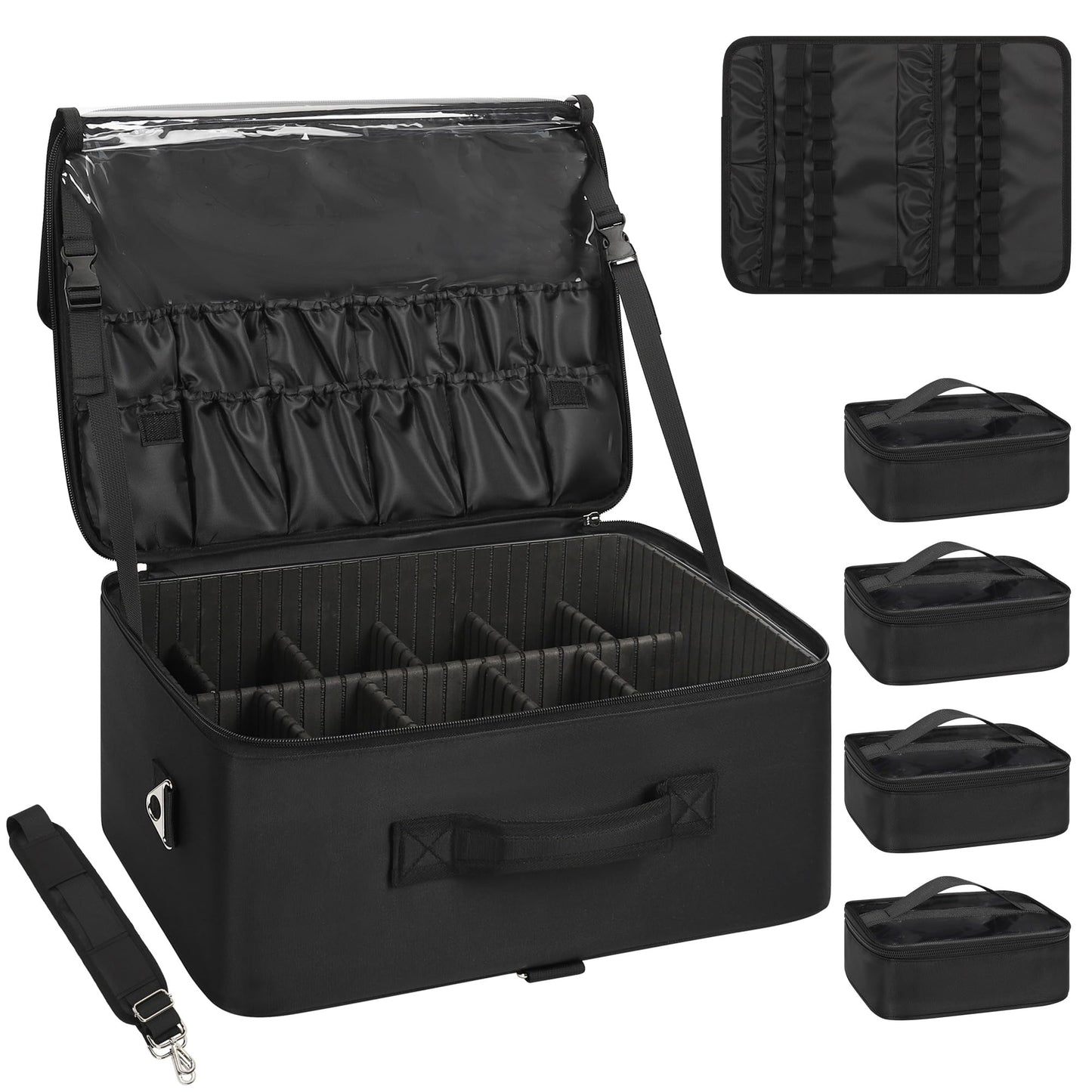Relavel Extra Large Makeup Case Professional Cosmetic Storage Organizer Box Brush Holder with 4 Clear Set Bags & Lipstick Plate for Makeup Artists with Shoulder Strap & Adjustable Dividers