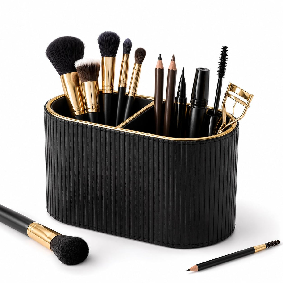 GORESE Makeup Brush Holder Organizer with 2 Slots, PU Leather Small Make Up Organizer for Vanity Countertop, Makeup Brush Cup for Bathroom & Dresser Counter, Gift for Women(Beige)