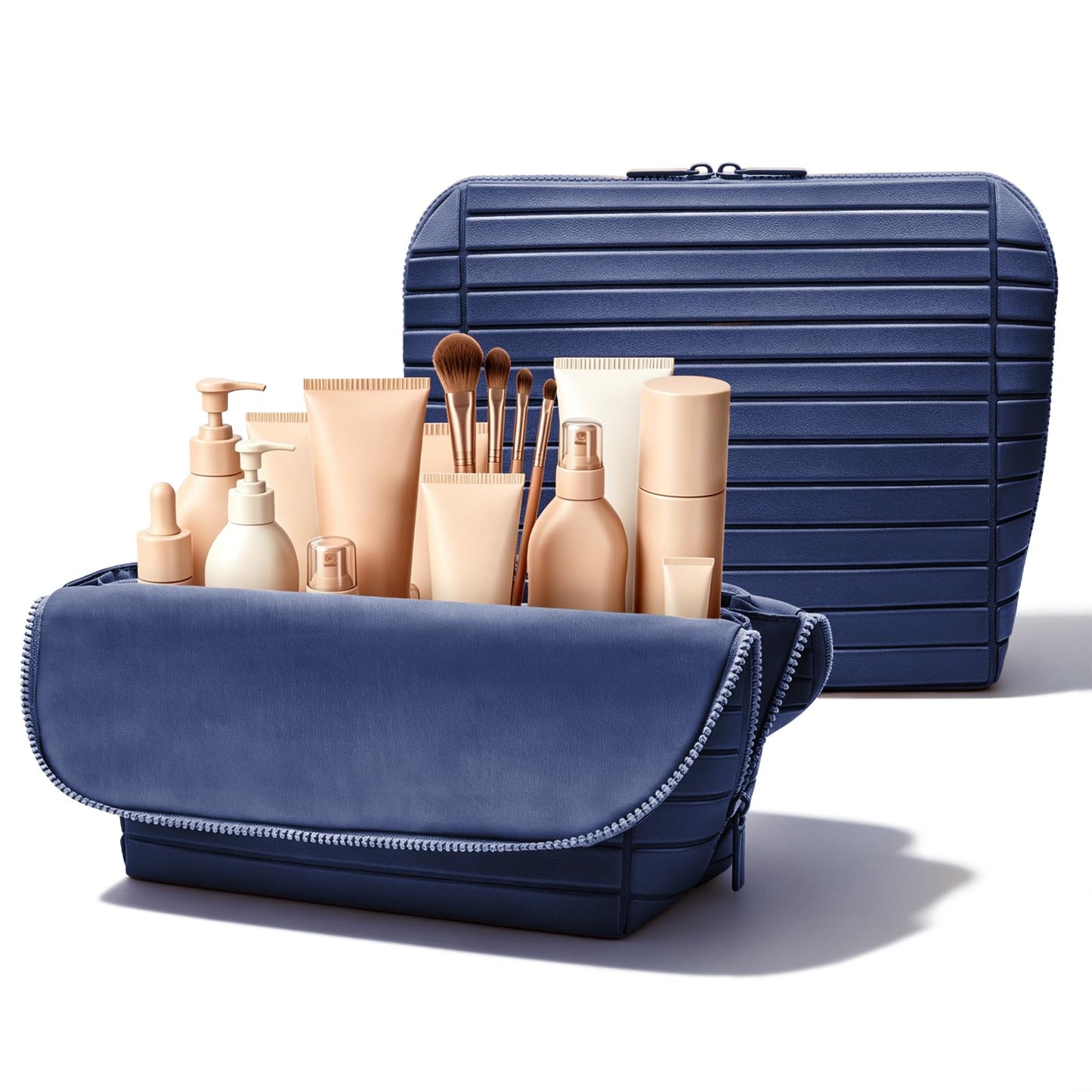 Travel Makeup Organizer Bag with Fold-Down Design and Adjustable Dividers, 27 Pockets & 3 Brush Storage Holders, Large Capacity Cosmetic Bags Toiletry Case - Brown