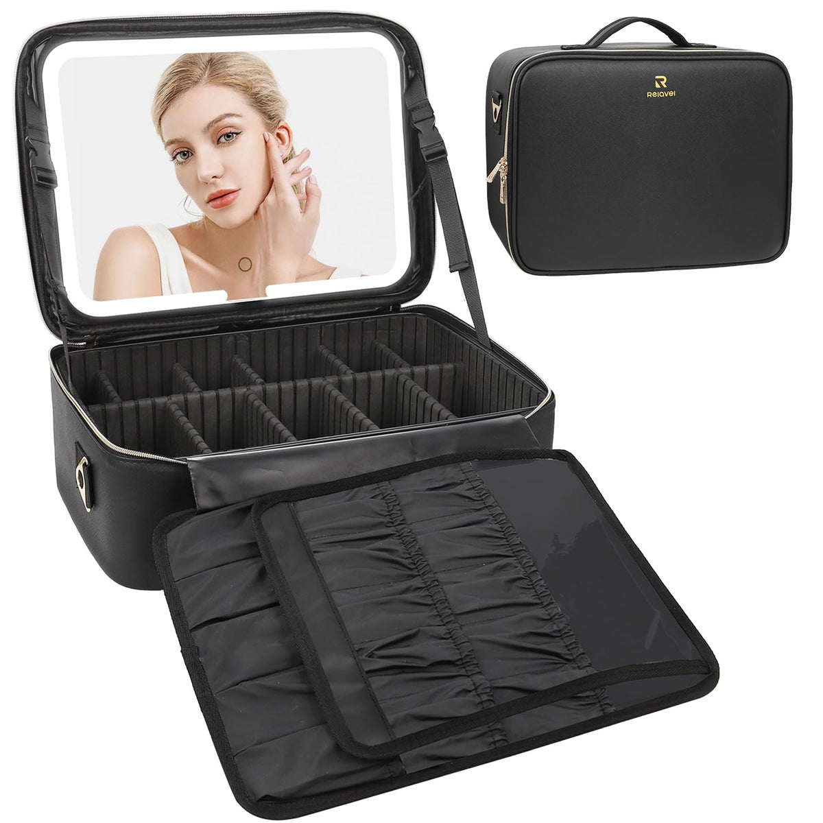 Relavel Makeup Case Large Makeup Bag Professional Train Case 16.5 inches Travel Cosmetic Organizer Brush Holder Waterproof Makeup Artist Storage Box, 3 Layer Large Capacity, with Adjustable Strap