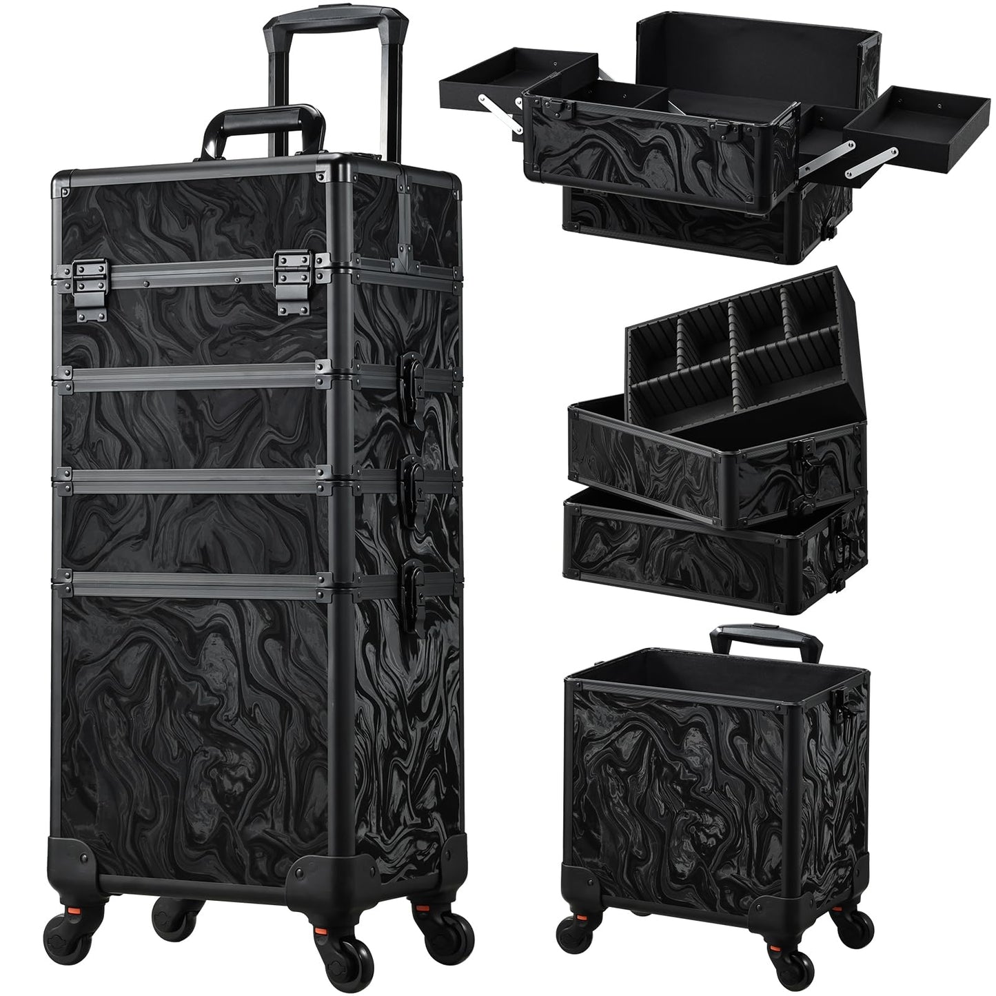 Stagiant Rolling Makeup Case Cosmetology Case on Wheels 4 in 1 Large Cosmetic Organizer Train Case Makeup Travel Case with Key Swivel Wheels Nail Artist Salon Storage Traveling Cart Trunk Black