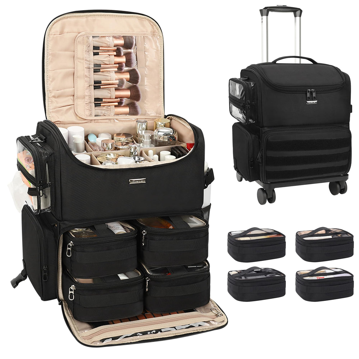 Relavel Makeup Backpack Large Makeup Bag with 3 Clear Set Bags, Dual Layer Professional Cosmetic Organizer Travel Train Case Makeup Artist Kit with Adjustable Dividers & Easy to Clean Lining, Black