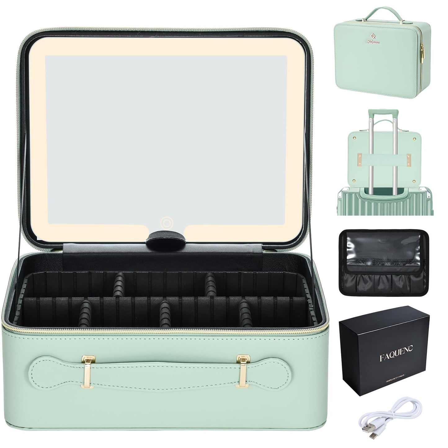 Faquenc Leather Makeup Case with LED Lighted Mirror 11.4 Inch Travel Makeup Bag Adjustable Brightness in 3 Colors Cosmetic Organizer Artist Storage Bag with Dividers Brush Holder Bag Vanity White