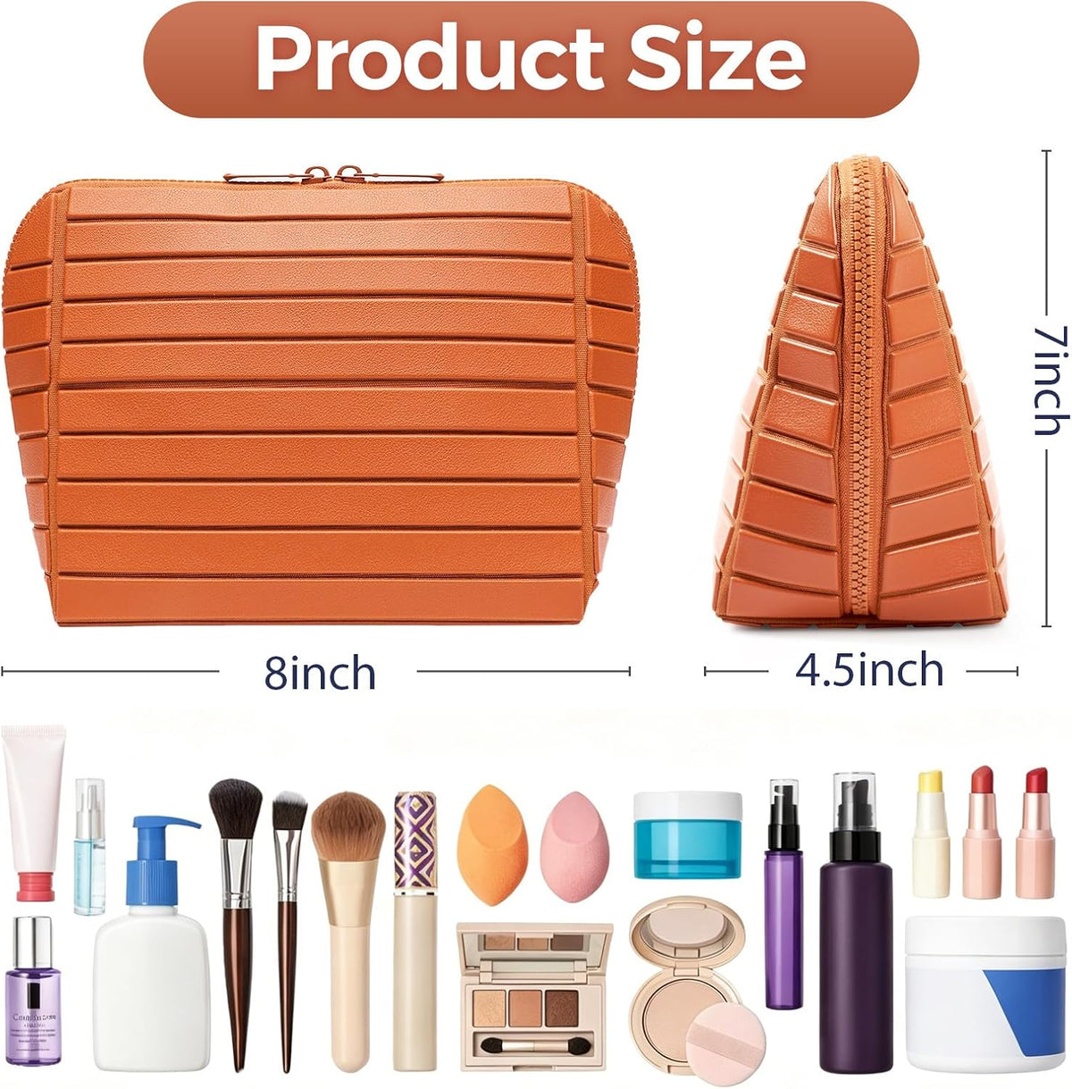 Travel Makeup Organizer Bag with Fold-Down Design and Adjustable Dividers, 27 Pockets & 3 Brush Storage Holders, Large Capacity Cosmetic Bags Toiletry Case - Brown