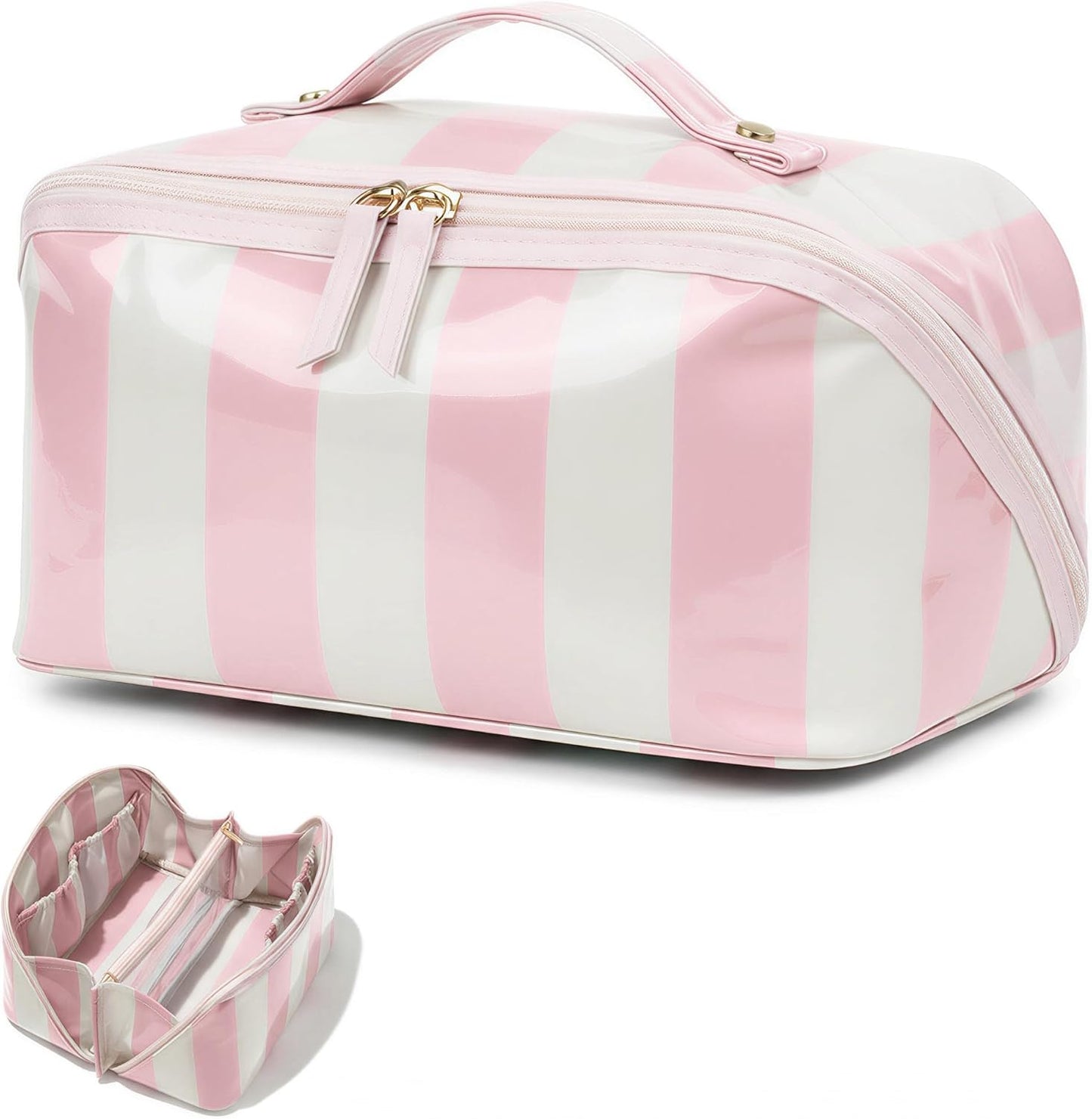 Preppy Stripe Clear Travel Makeup Bag, Waterproof Glossy PVC Cosmetic Organizer with Handle, Large Capacity Toiletry Bag for Women,Travel Organizer Zipper Pouch Beach Vacation Essentials (Pink White)