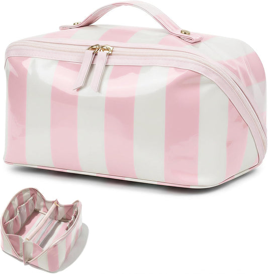 Preppy Stripe Clear Travel Makeup Bag, Waterproof Glossy PVC Cosmetic Organizer with Handle, Large Capacity Toiletry Bag for Women,Travel Organizer Zipper Pouch Beach Vacation Essentials (Pink White)