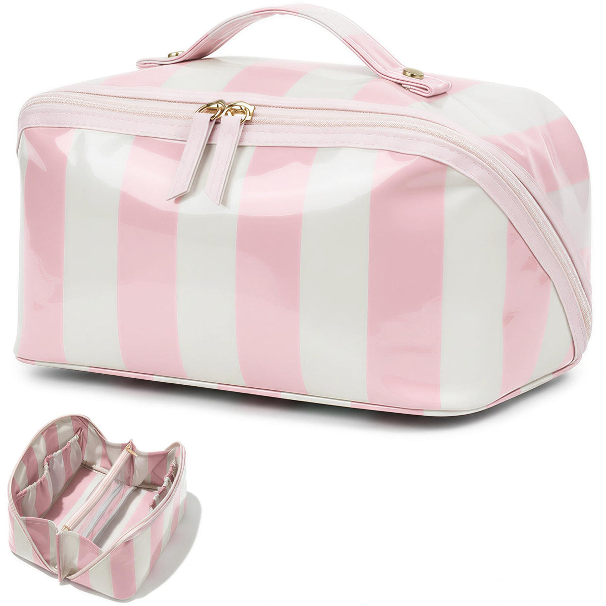 Preppy Stripe Clear Travel Makeup Bag, Waterproof Glossy PVC Cosmetic Organizer with Handle, Large Capacity Toiletry Bag for Women,Travel Organizer Zipper Pouch Beach Vacation Essentials (Pink White)