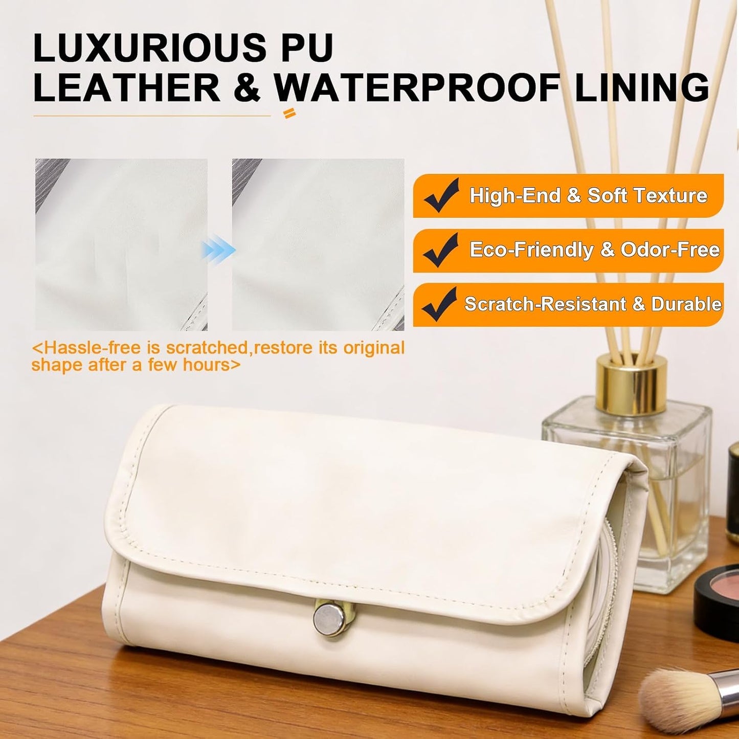 Folding Makeup Brush Bag with Separate Compartment,Rollup & Open Flat(white
