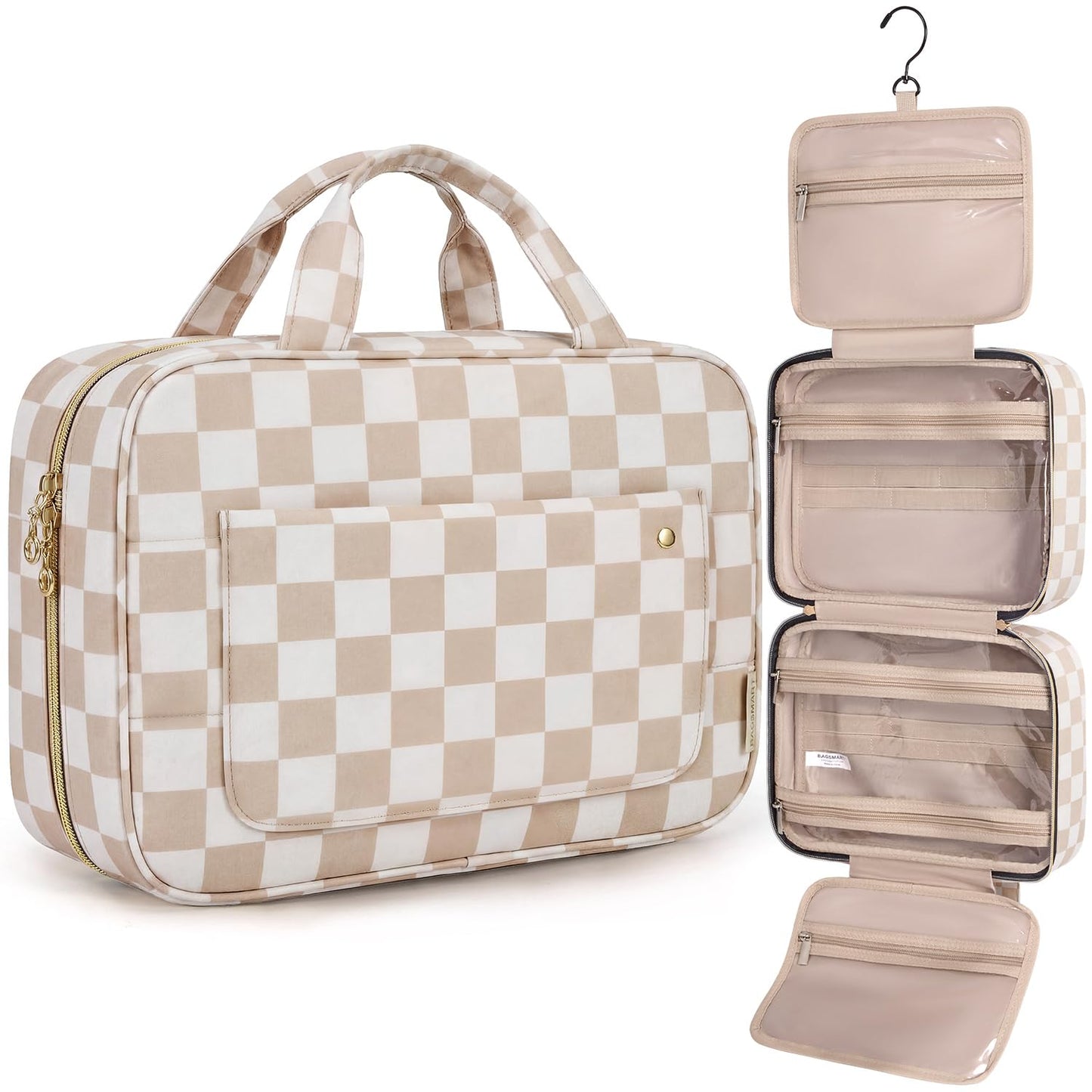 BAGSMART Toiletry Bag Travel Bag with Hanging Hook, Water-resistant Makeup Cosmetic Bag Travel Organizer for Accessories, Shampoo, Full-size Container, Toiletries (Baby Pink, Medium)