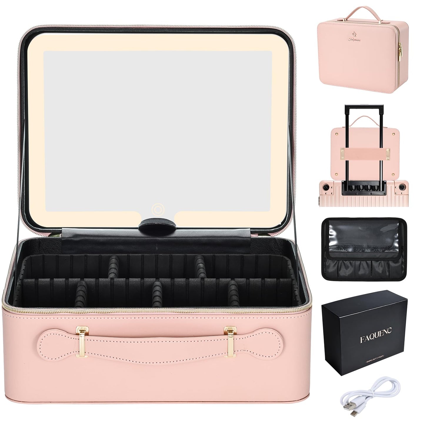 Faquenc Leather Makeup Case with LED Lighted Mirror 11.4 Inch Travel Makeup Bag Adjustable Brightness in 3 Colors Cosmetic Organizer Artist Storage Bag with Dividers Brush Holder Bag Vanity White