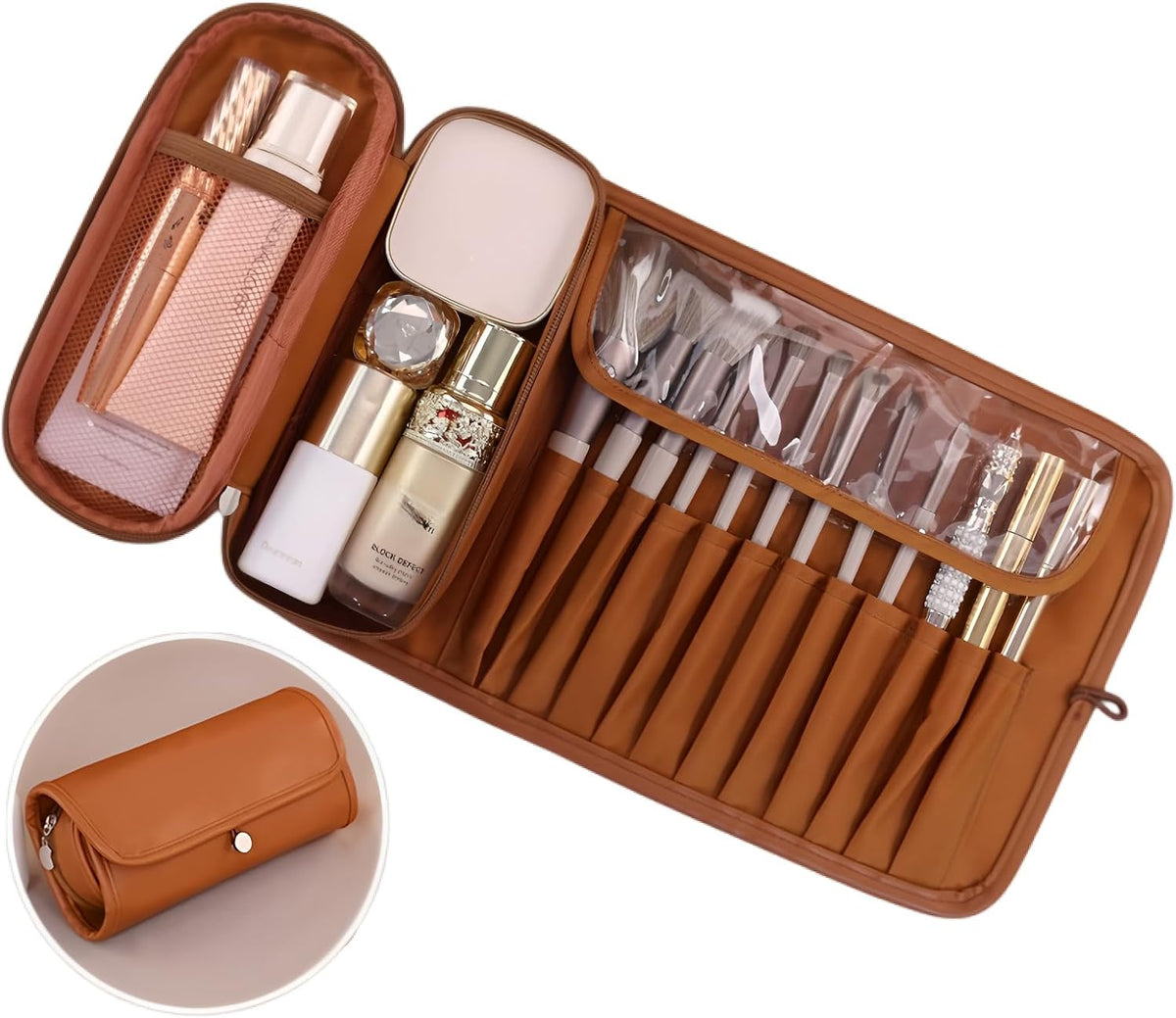 Luxury Leather Makeup Brush Case, Professional Cosmetic Organizer Roll Bag, Travel Storage for Home and Work (brown)