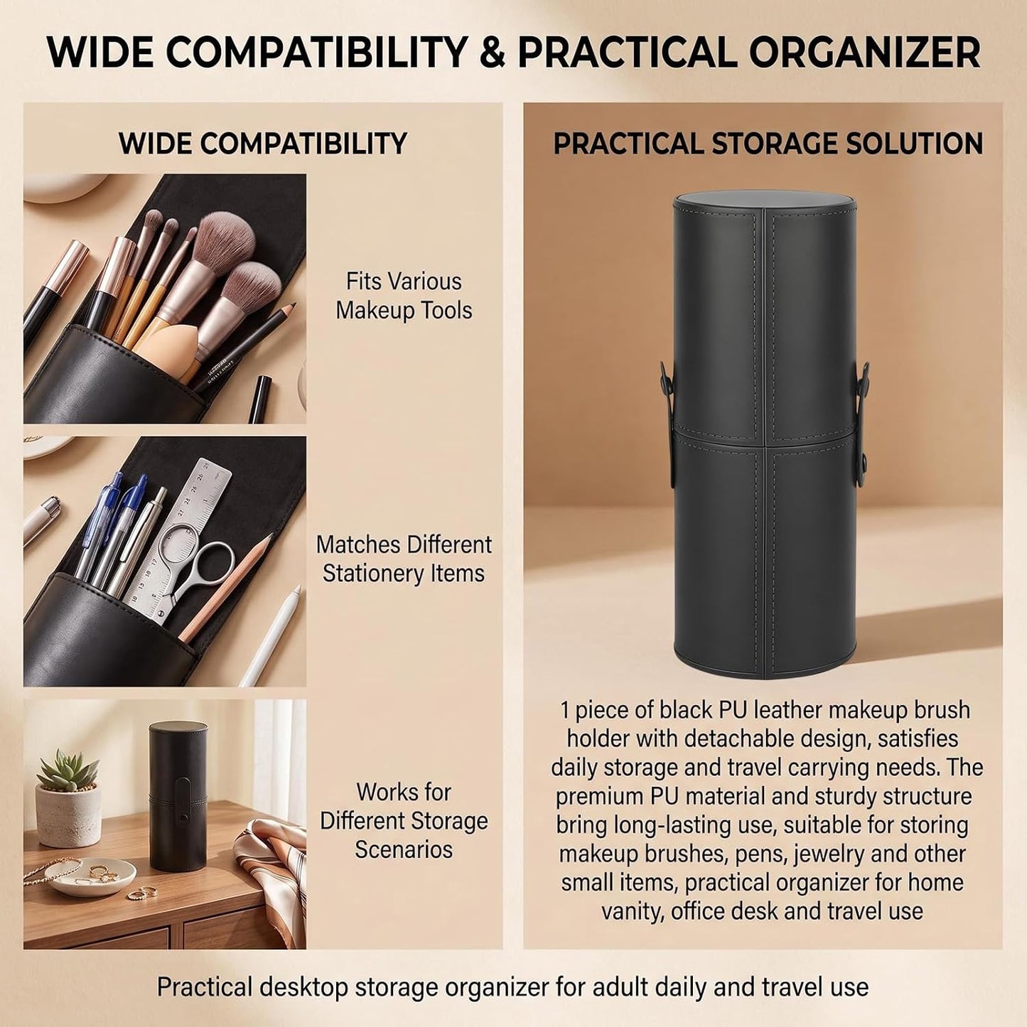 erioctry Black Makeup Brush Case Holder Portable PU Leather Cosmetic Brush Organizer & Storage Roll-up Case for Travel 23 x 8 cm with Snap Closure