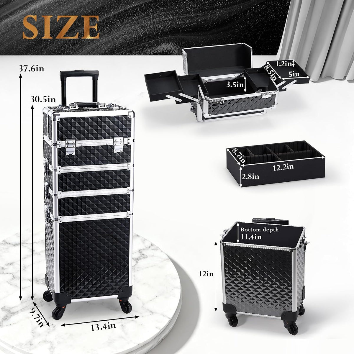 Stagiant Rolling Makeup Case Cosmetology Case on Wheels 4 in 1 Large Cosmetic Organizer Train Case Makeup Travel Case with Key Swivel Wheels Nail Artist Salon Storage Traveling Cart Trunk Black