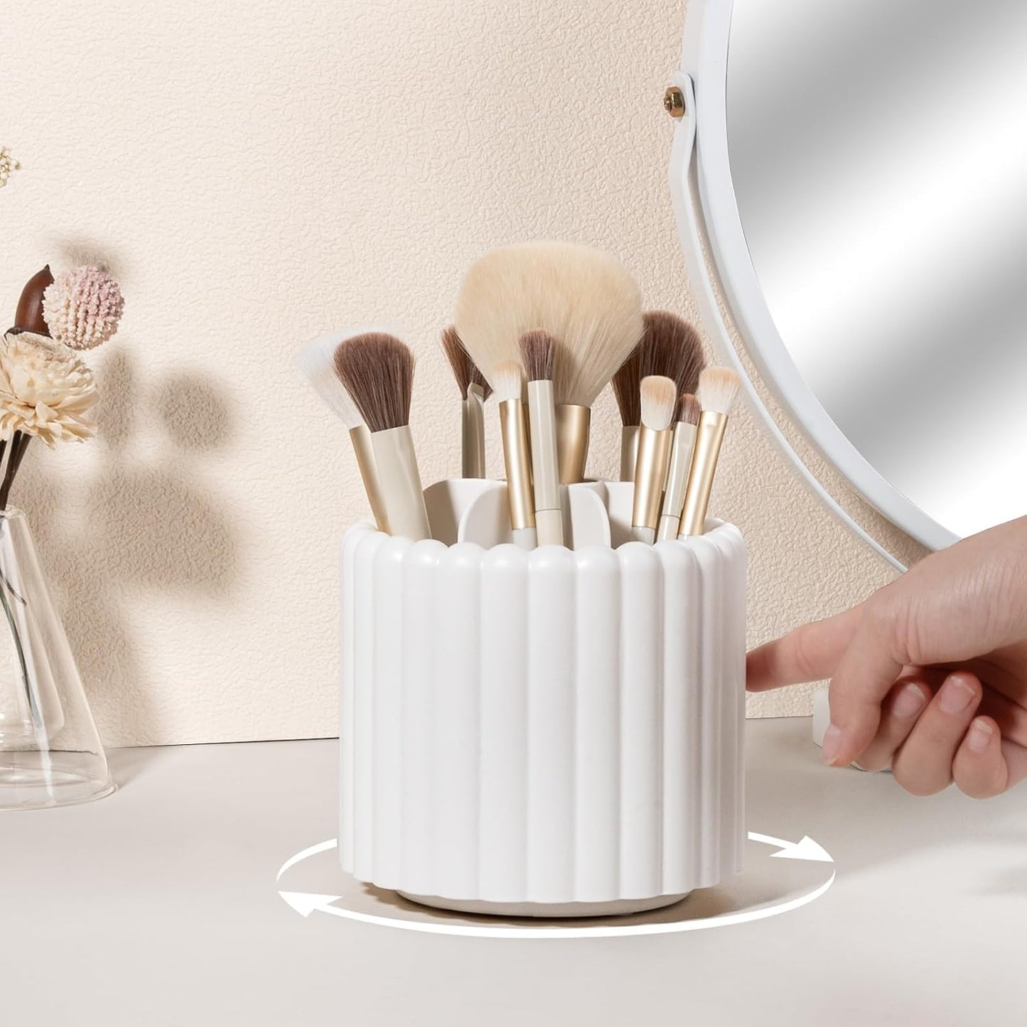 Rotating Makeup Brush Holder Organizer with Removable Dividers, White