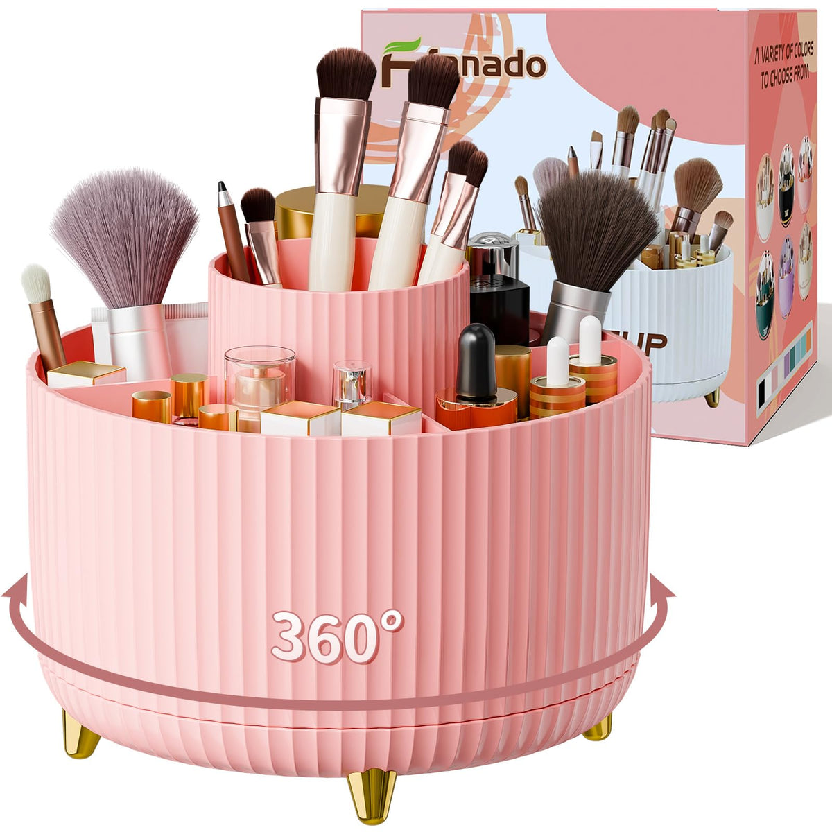 Clear Rotating Makeup Organizer Countertop for Vanity, 360° Makeup Brush Holder Organizer with 5 Compartments, Transparent Cosmetic Storage for Lipstick, Skincare, Bathroom Counter (Transparent Pink)