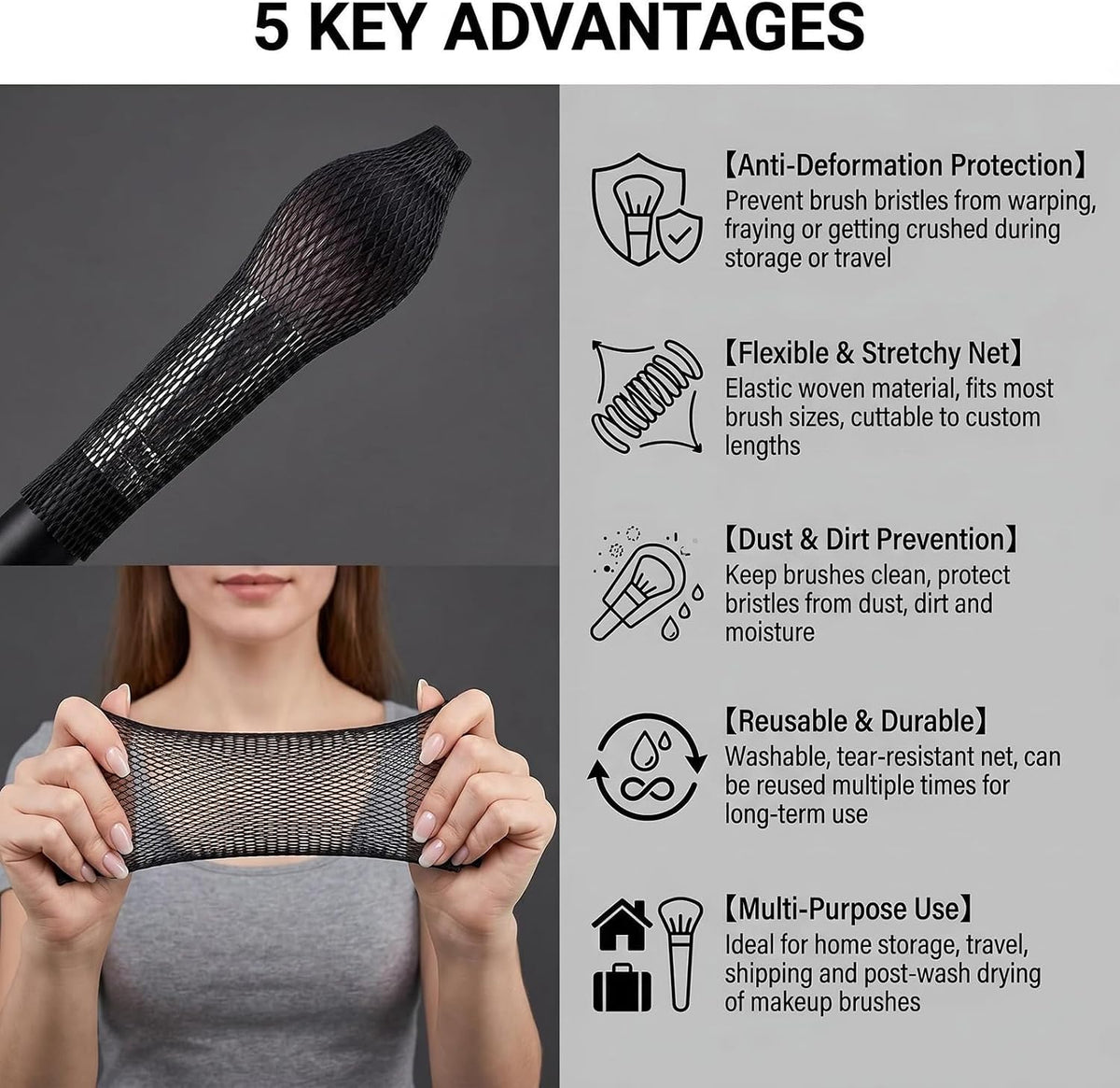 VASANA 50Pcs 12cm/4.7inch Length Black Plastic Mesh Makeup Brush Protector Expandable Mesh Sleeve Covers Cosmetic Beauty Brush Net Guard for Storage Travel (Not include Brushes)