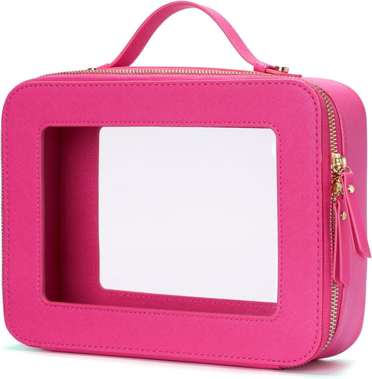 Popvibe Clear Makeup Bag Travel Cosmetic Case Transparent Toiletry Bag with Zipper, Portable Make Up Organizer Traveling Compact Car Bag for Essentials, Hotpink, Large