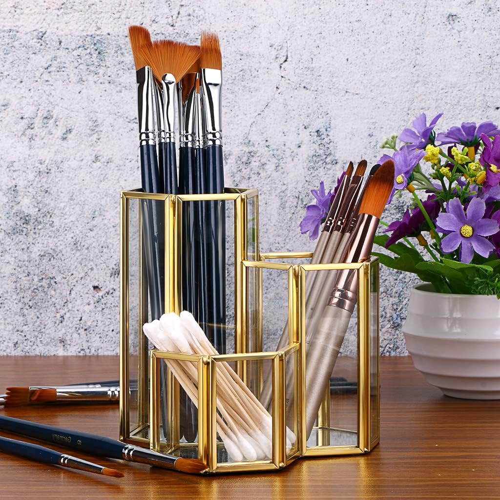 Hipiwe 3 Slots Glass Makeup Brush Holder - Gold Desktop Pen/Pencil Holder