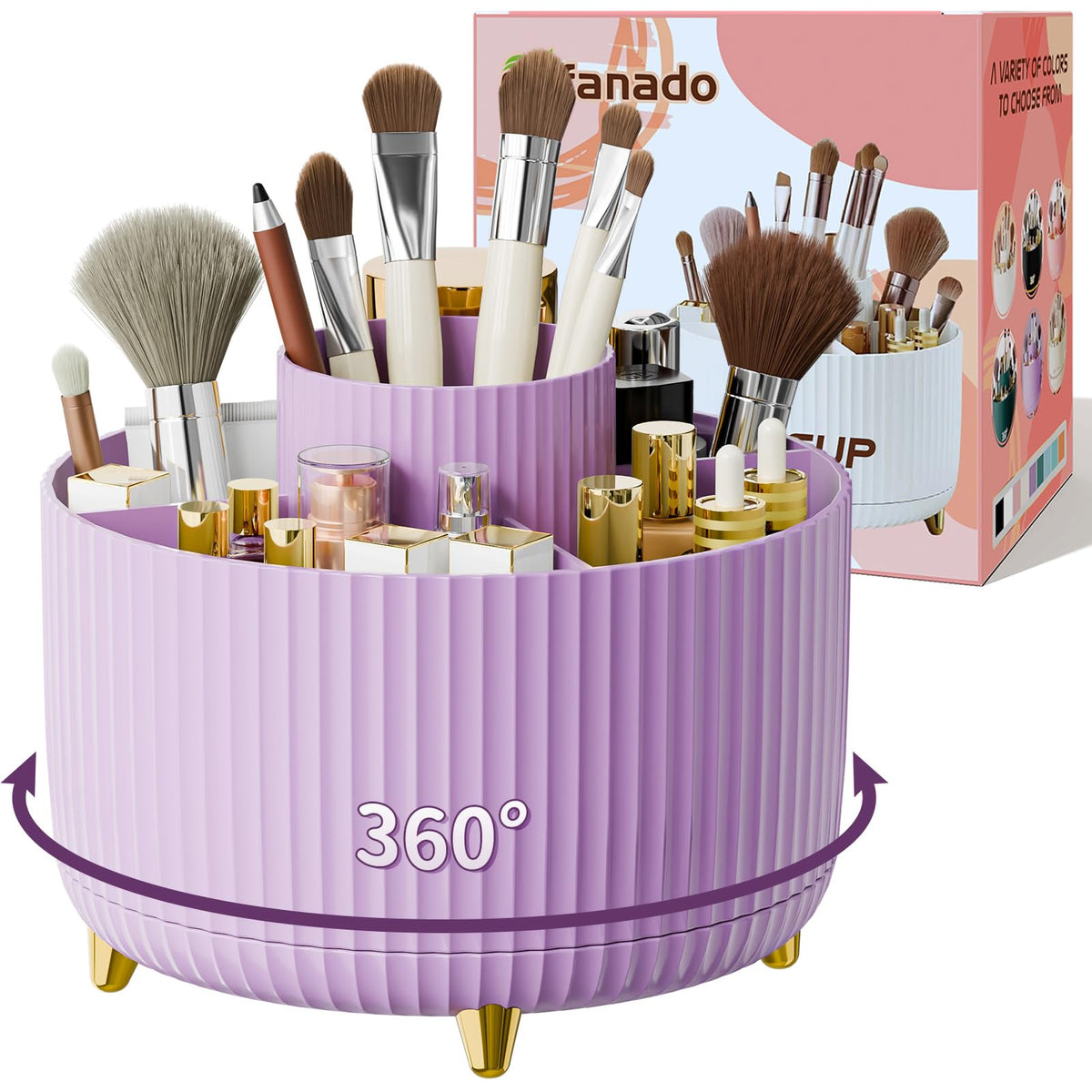 fanado 360° Rotate Makeup Brush Holder Organizer, Makeup Organizers Countertop, Makeup organization and Skincare Storage for Vanity, Desktop, Bathroom (Clear Amber)