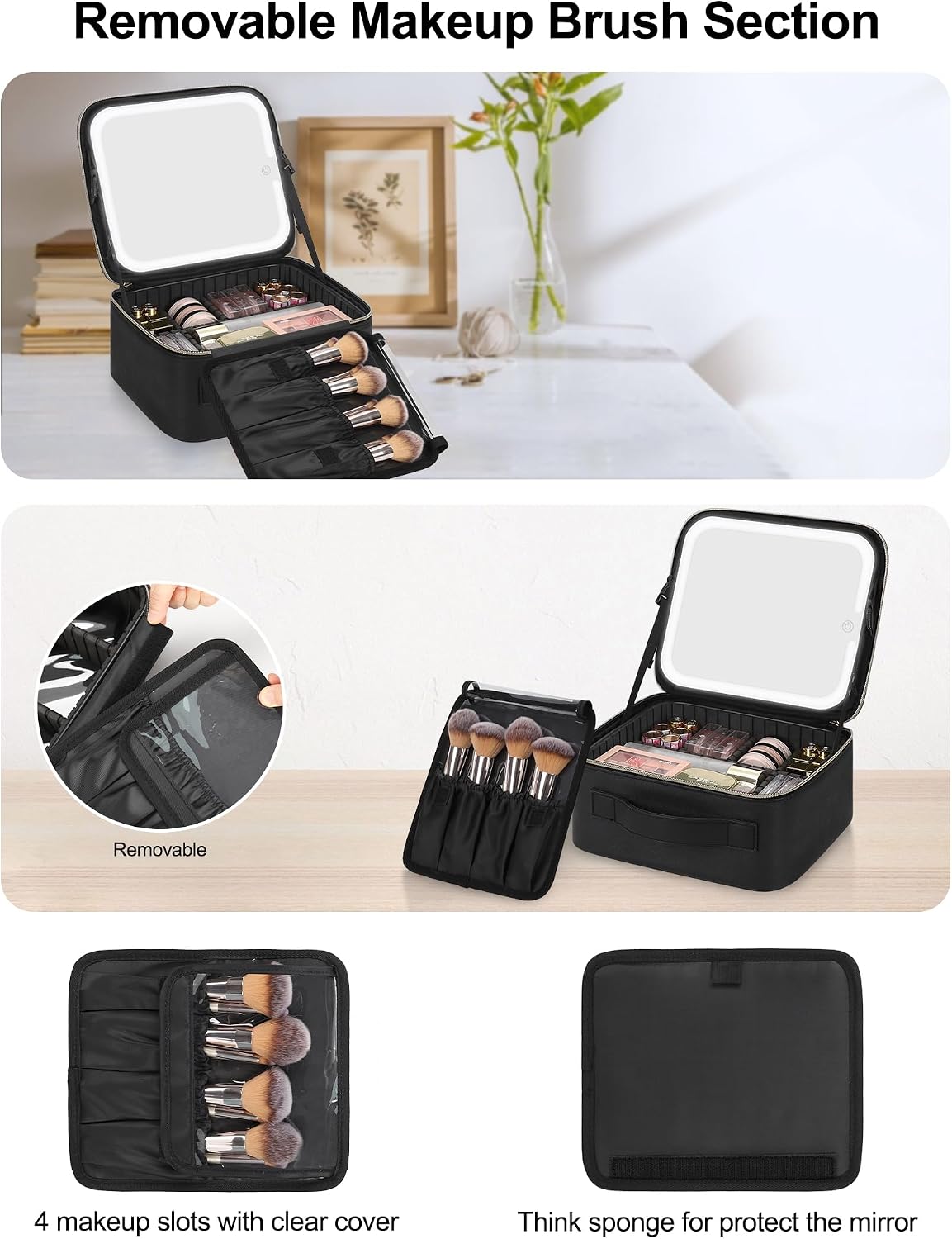 Chomeiu Makeup Bag with LED Mirror, Cosmetic Travel Bag for Women, Black