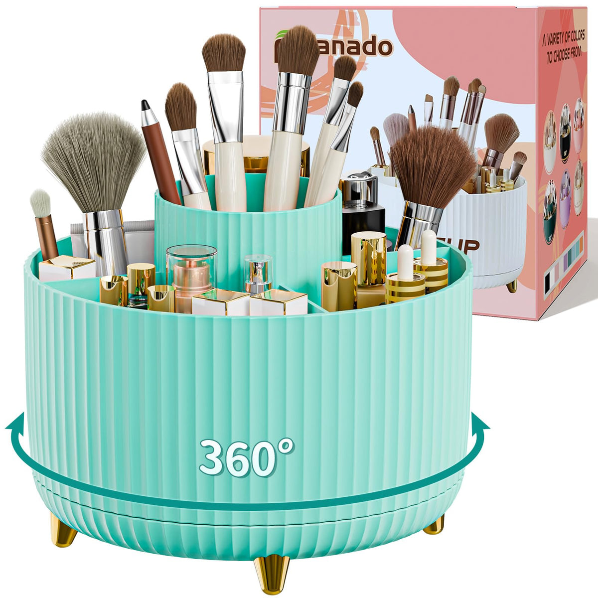 Clear Rotating Makeup Organizer Countertop for Vanity, 360° Makeup Brush Holder Organizer with 5 Compartments, Transparent Cosmetic Storage for Lipstick, Skincare, Bathroom Counter (Transparent Pink)