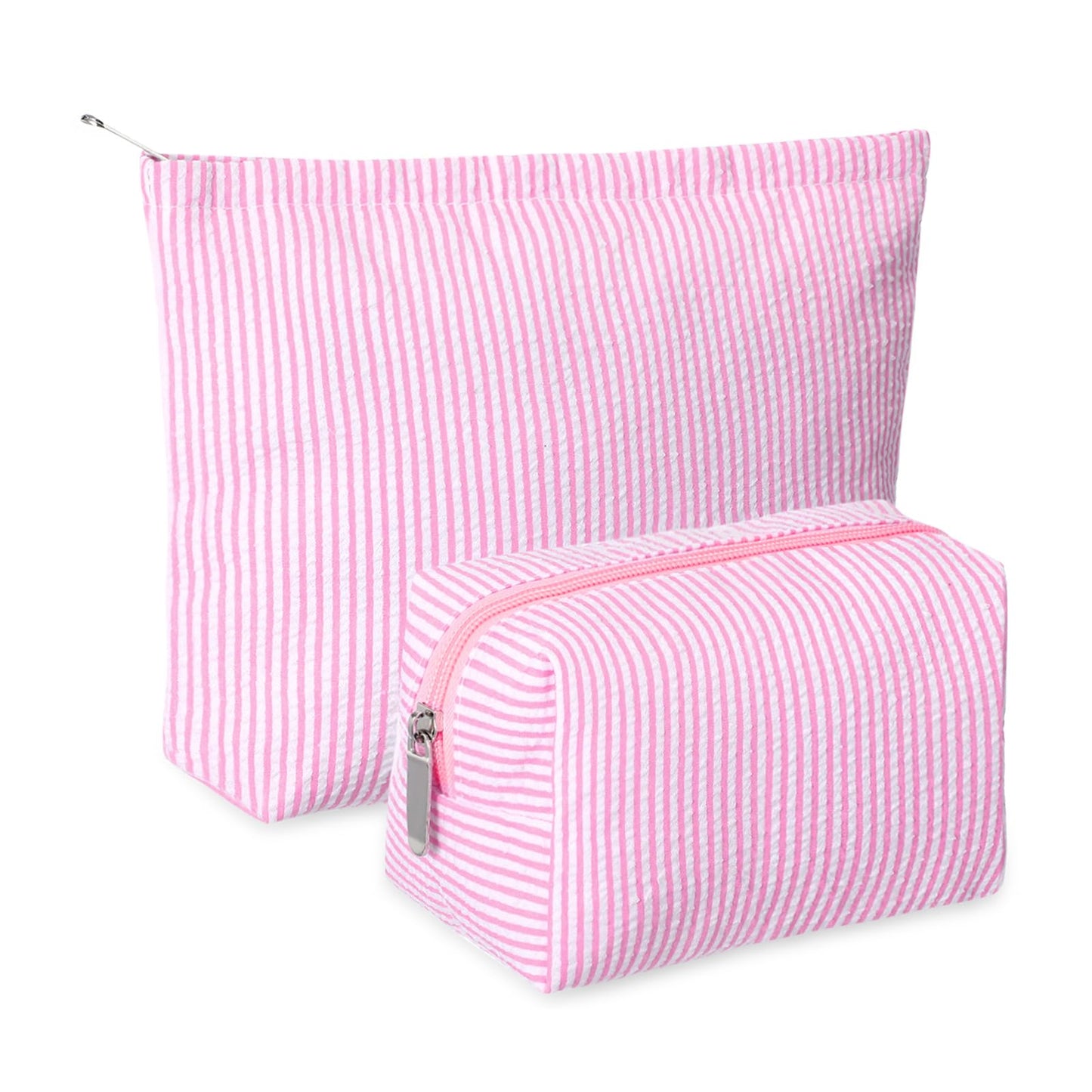 Huhumy 2 Pcs Makeup Bag Set for Women, Khaki, Thin Striped Seersucker