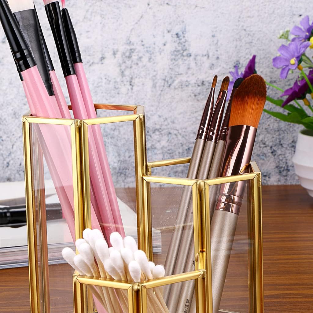 Hipiwe 3 Slots Glass Makeup Brush Holder - Gold Desktop Pen/Pencil Holder